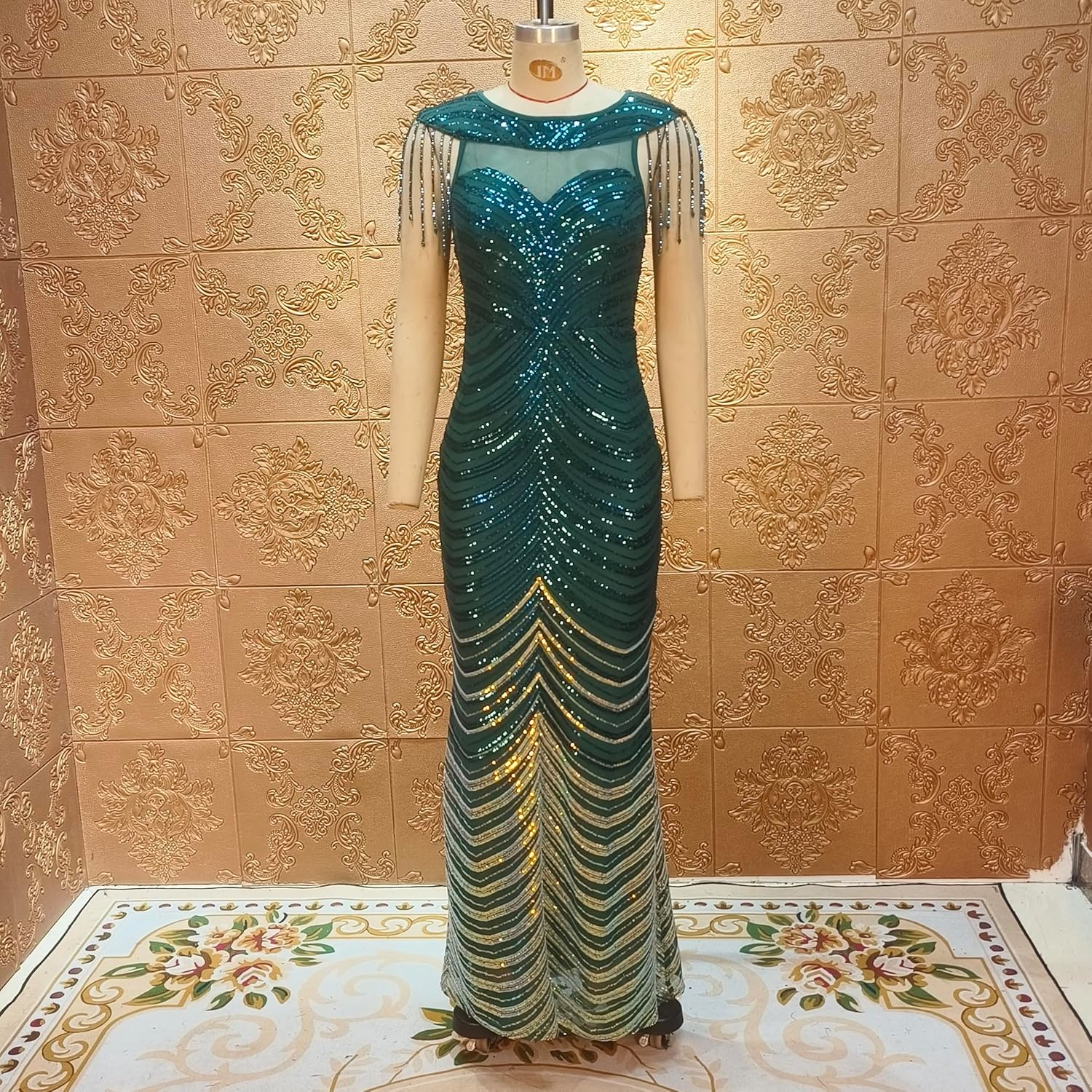 Cololura Women Sexy Sequin Tassel Mesh Perspective Gold Threads Patchwork Bodycon Party Cocktail Evening Gown Dress - Image 7