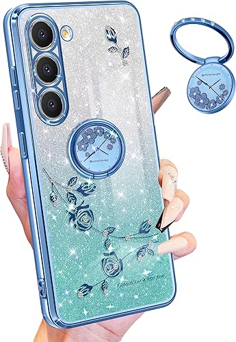 Coralogo Funda 3 en 1 para Samsung Galaxy S23 con purpurina brillante para mujeres y niñas, funda brillante para teléfono con diseño floral de