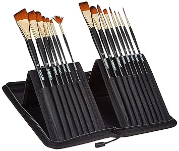 Amazon Brand - Solimo Paint Brushes for Acrylic and Water Colours, with Carry Case, 15 Piece Set