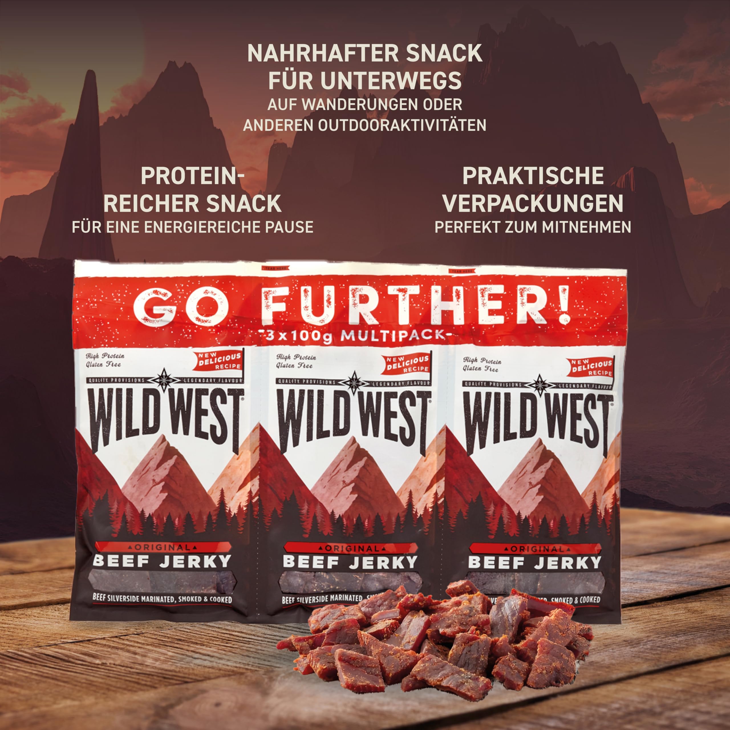 Wild West Beef Jerky, 3 x 100g Original Rindfleisch Snacks, Beef Jerky high Protein Trockenfleisch, Protein Snack, Knabberartikel