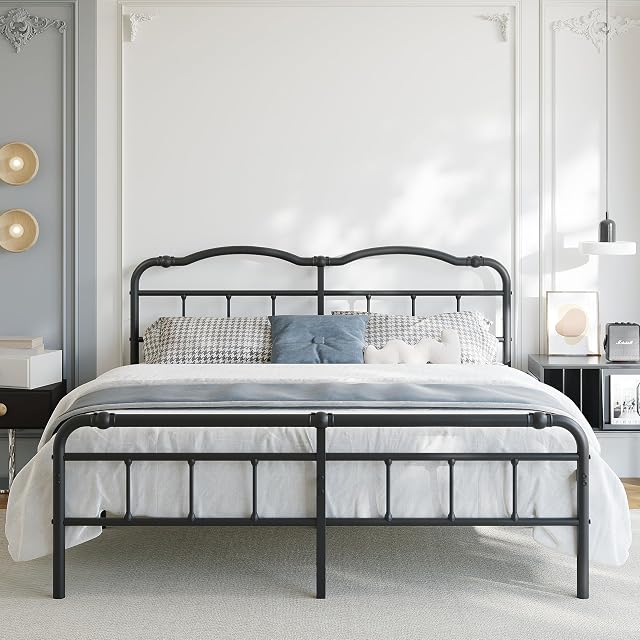 18 Inch King Size Metal Bed Frame with Headboard and Footboard Heavy Duty Platform Bed Vintage Iron Wrought