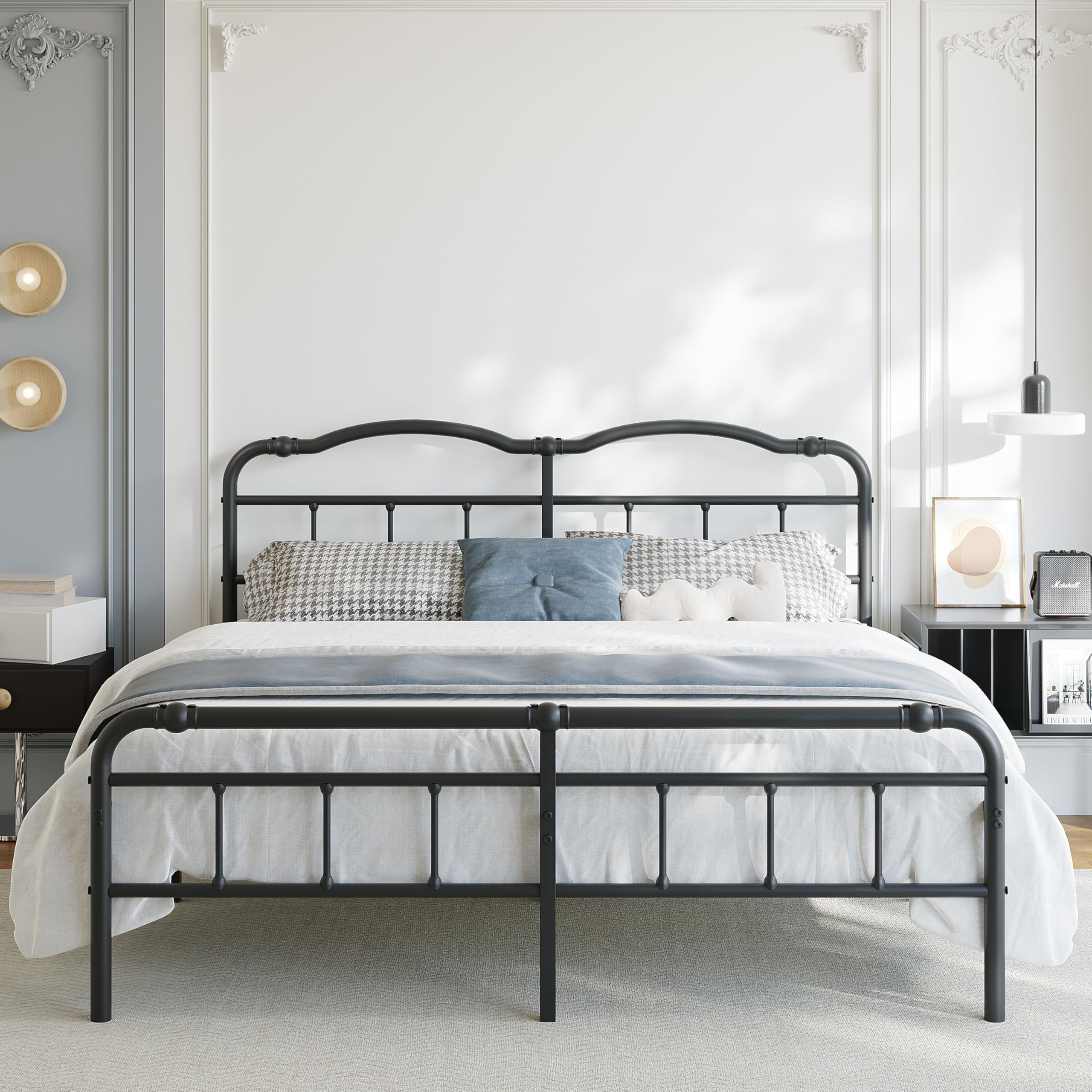 18 Inch King Size Metal Bed Frame with Headboard and Footboard Heavy Duty Platform Bed Vintage Iron Wrought