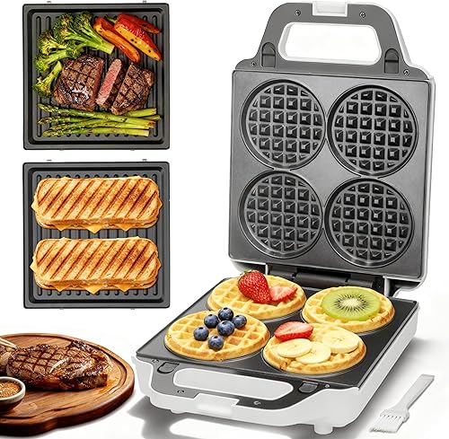 Máquina de gofres 2 en 1 con platos extraíbles, waflera clásica de 4 x 4 pulgadas para niños, platos de parrilla desmontables para el desayuno,