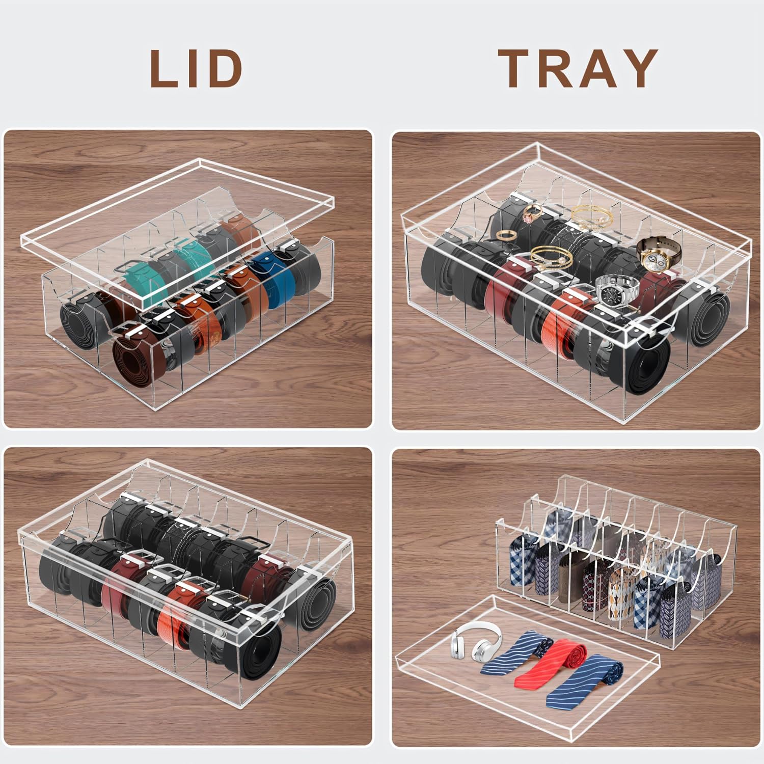 Large Acrylic Belt Organizer with Dust Lid, Clear Belt Storage for Closet and Drawer, 14 Compartments Belt Box Holder for Singers, Men, Women (Dual Rows,14 Compartments)