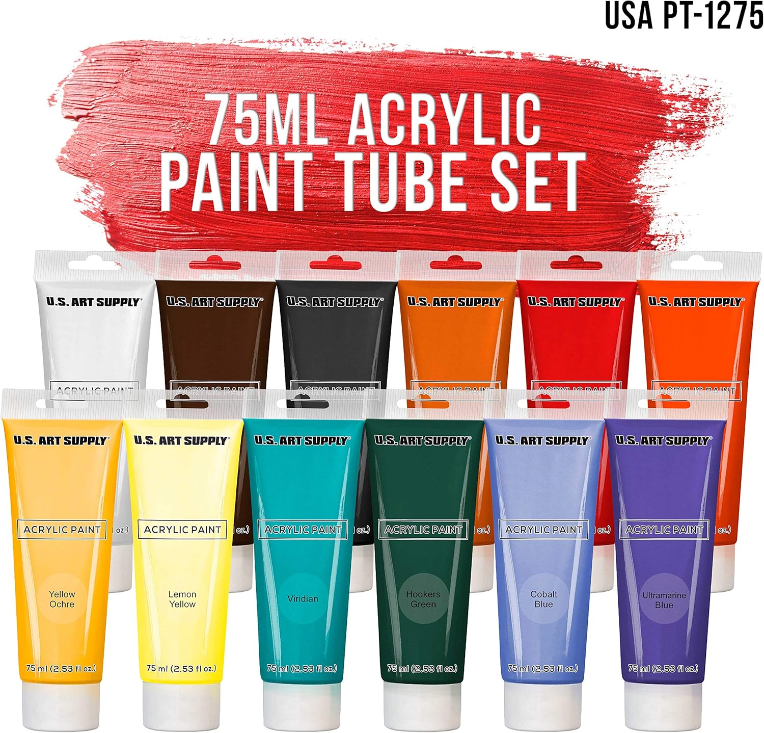 U.S. Art Supply Professional 12 Color Set of Acrylic Paint in Extra-Large 75ml Tubes - Rich Pigment Vivid Colors for Artists, Students, Beginners, Kids, Adults - Canvas, Portrait Paintings, Wood : Arts, Crafts & Sewing