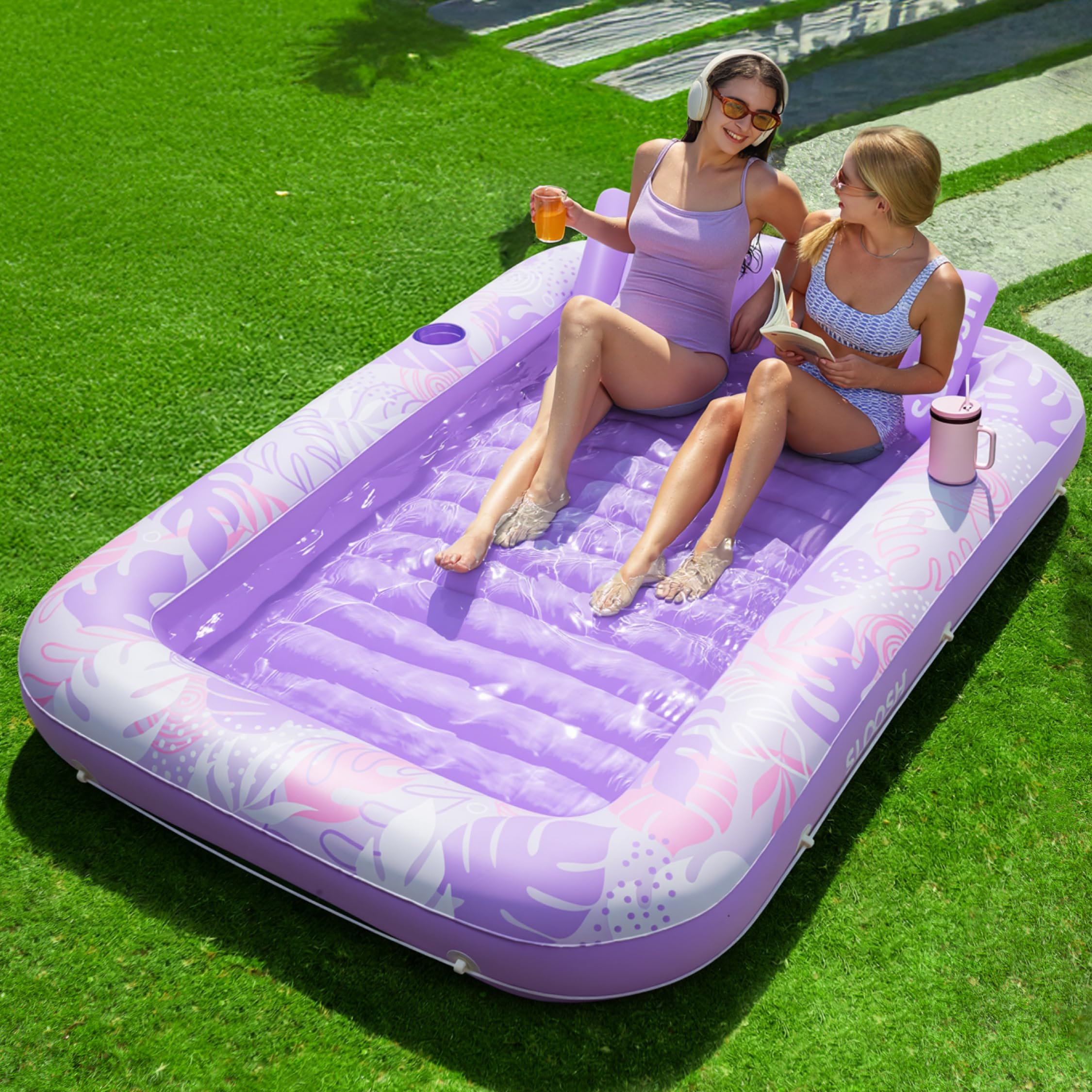 Sloosh Purple Tropical Pool Inflatable Tanning Lounge Float, 85" X 57" Pool Floats Adult With Pillow, 4 In 1 Suntan Tub Raft Floatie,Sunbathing Bed Lounge, Xl