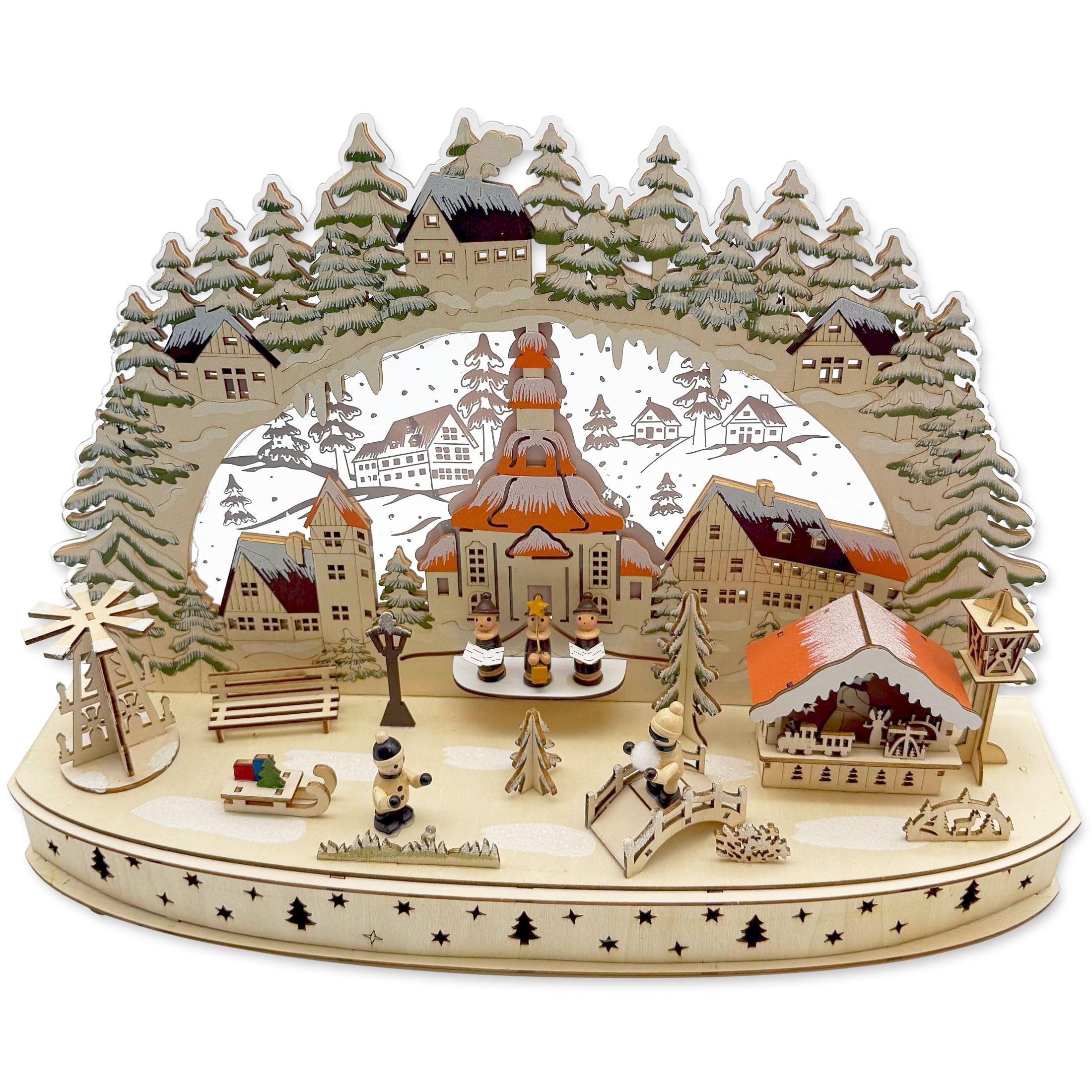 Wichtelstube-Kollektion LED Schwibbogen Seiffener Kirche Weihnachtsmarkt Winterlandschaft, Lichterbogen indirekt beleuchtet Schwippbogen Echtholz beidseitig bemalt