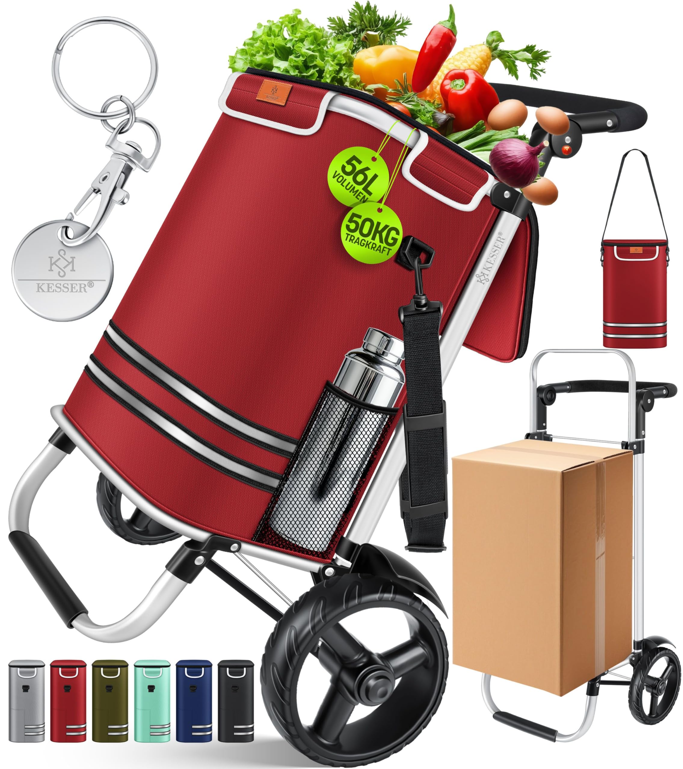 KESSER® Einkaufstrolley klappbar mit 56L Kapazität und belastbar bis 50kg | 3in1 Trolley Sackkarre & Umhängetasche | Faltbarer Einkaufswagen inkl. Kühlfach & Einkaufschip | Bordeaux Rot