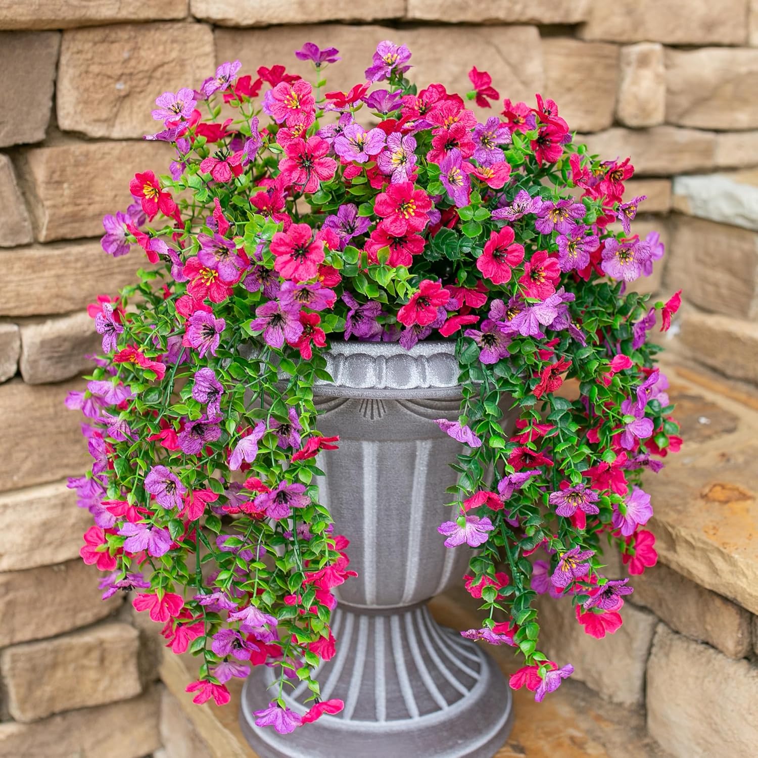 Artificial Faux Hanging Flowers Plants for Outdoor Decor, 2 PCS Outside Fake Silk Violets with Eucalyptus UV Resistant Realistic Daisy Trailing Vines for Planter Balcony Porch Patio Yard, Purplepink - Image 8