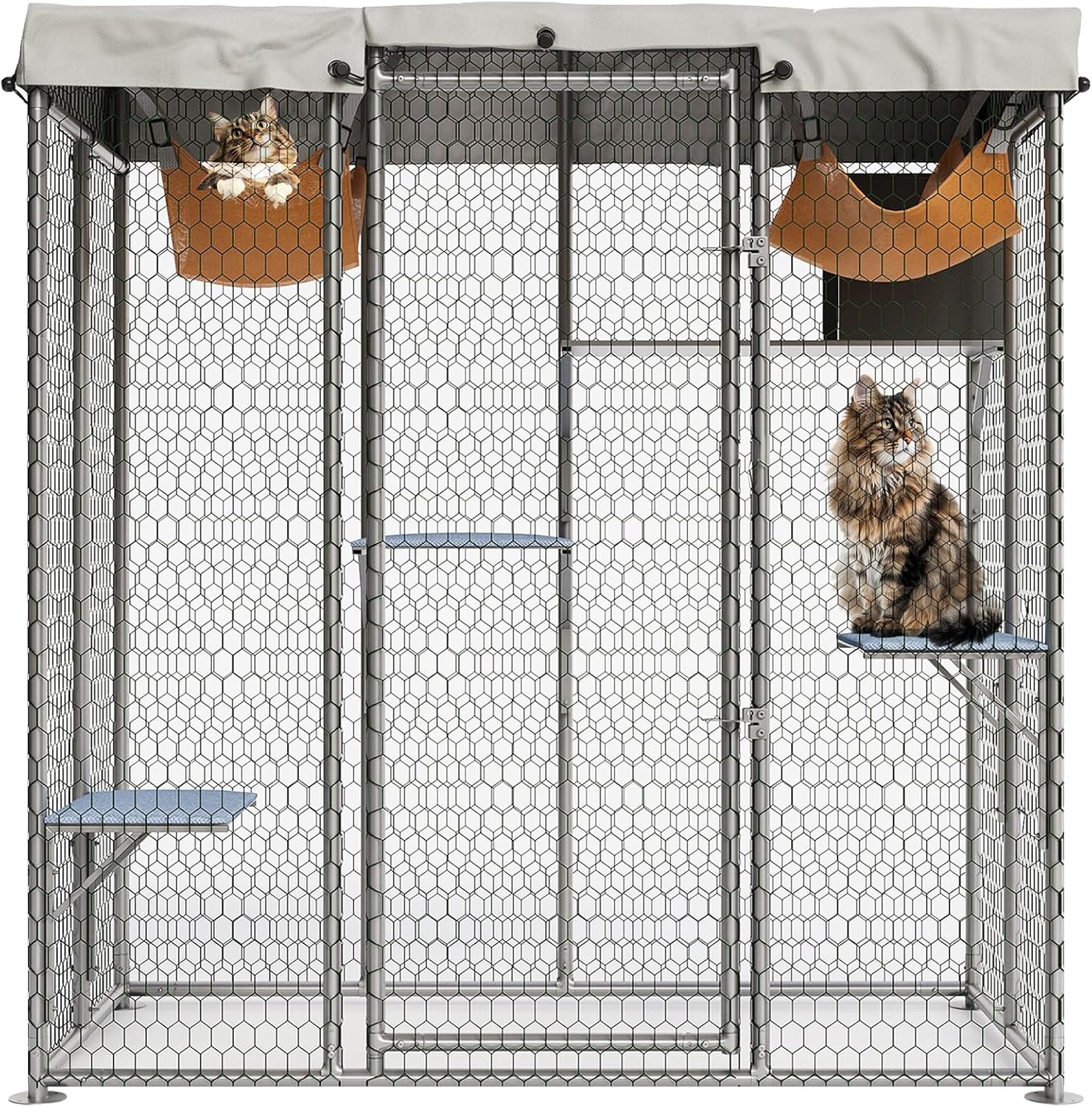 GarveeHome 79" Large Outdoor Catio Cat Enclosure, Wood Cat Patio with PE Waterproof Roof, Cats Shelter with 4 Platforms and a Resting Box, and Secure Rust-Proof Wire for Backyard or Patio