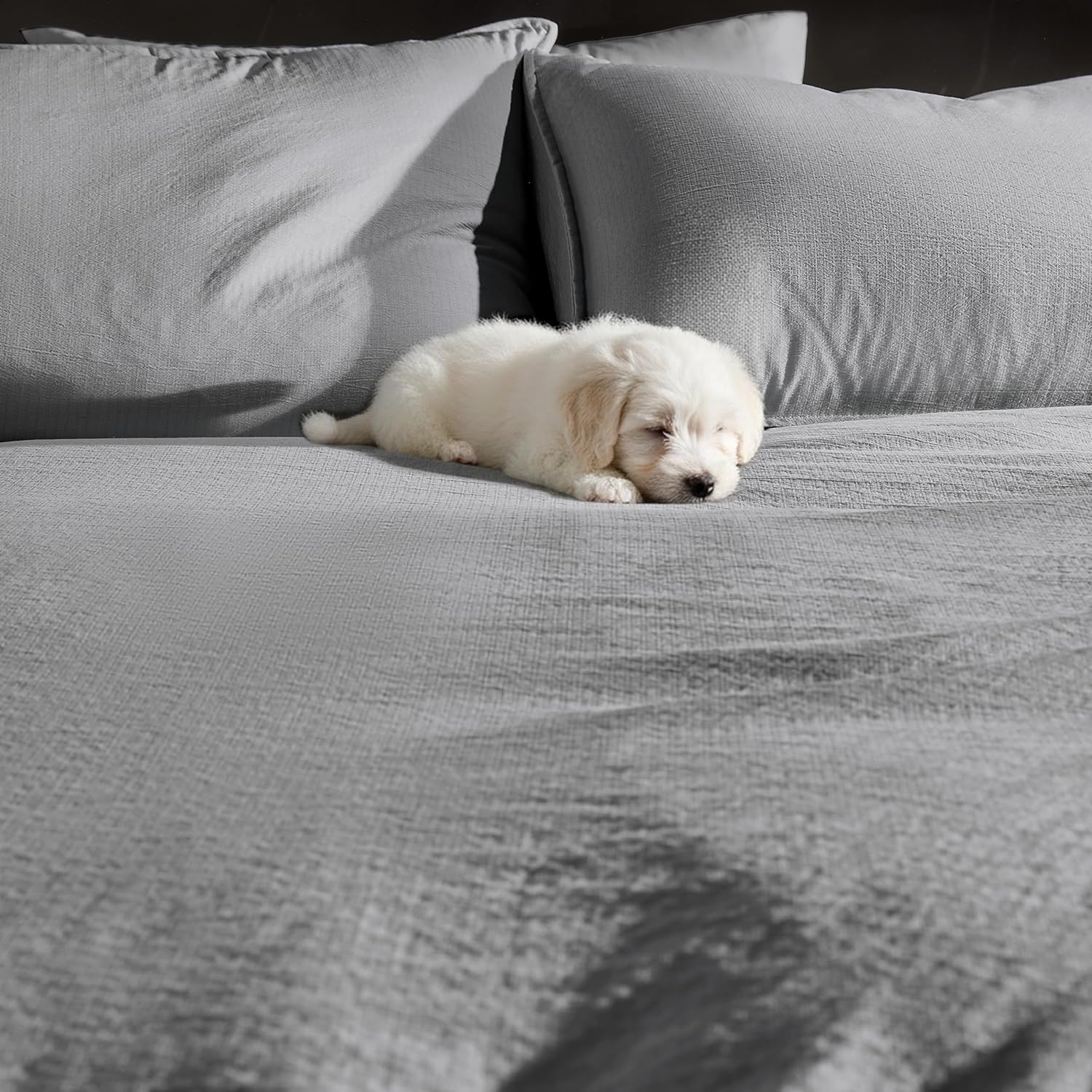 WDCOZY Grey Queen Size Jacquard Duvet Cover Set with Zipper Closure, Modern Washed Soft Striped Bedding, Textured Seersucker Like Cotton Linen, 1 Duvet Cover and 2 Pillow Shams, No Comforter