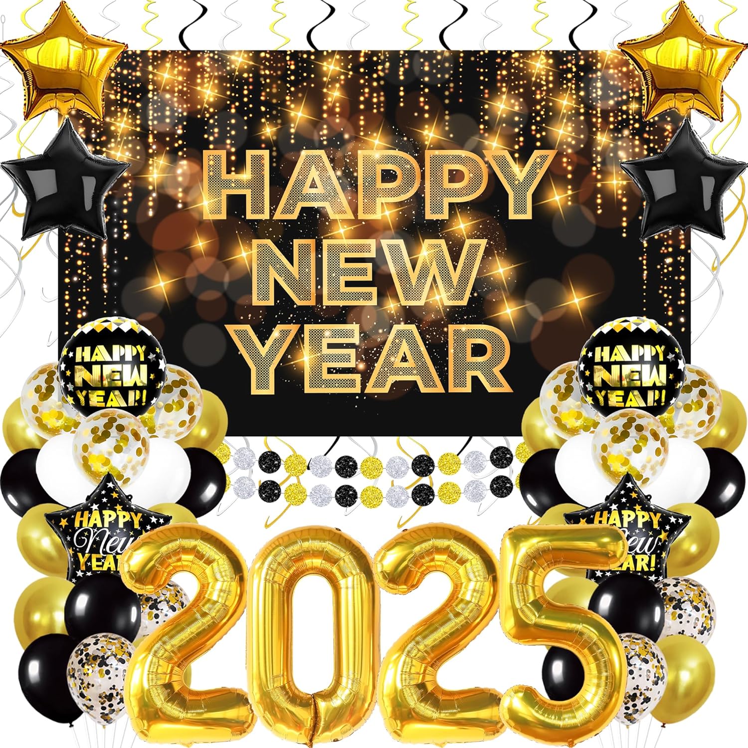 KatchOn, Black and Gold New Years Decorations 2025 - Huge Pack of 85 | Gold 2025 Balloons Set | Mylar 2025 Gold Balloons, New Year Banner and New Year Balloons for New Years Eve Party Supplies 2025