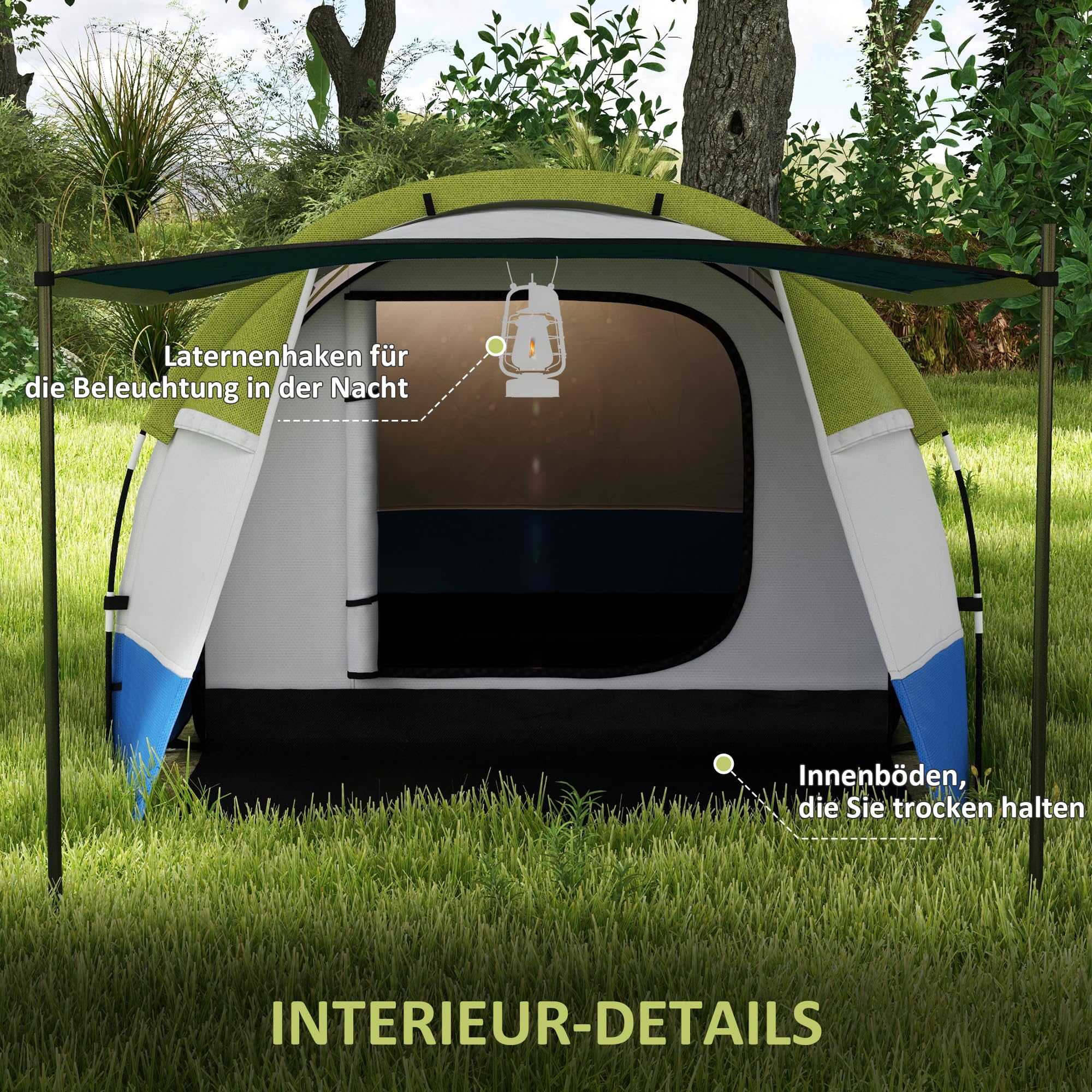 Outsunny Campingzelt, Tunnelzelt für 3 Personen, mit Lichthaken, Vorzelt, 2 Räumen, Familienzelt mit Tragetasche, 2000mm Wasserabweisend Pop Up Zelt für Camping, Garten
