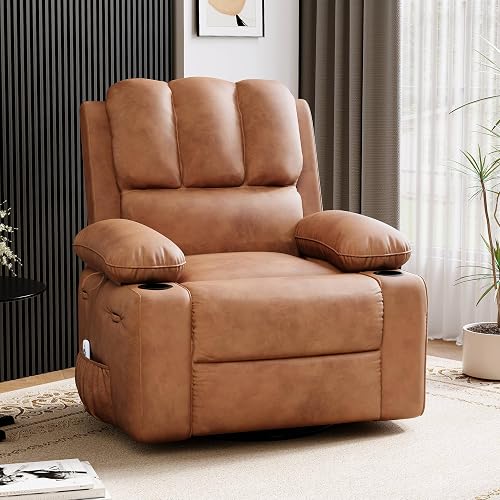 GarveeHome Leather Recliner Chair - Heat and Massage, Swivel Rocker Manual Recliner for Adults, Reclining Sofa with Side Pocket, Soft Pillow, Cup Holders for Living Room