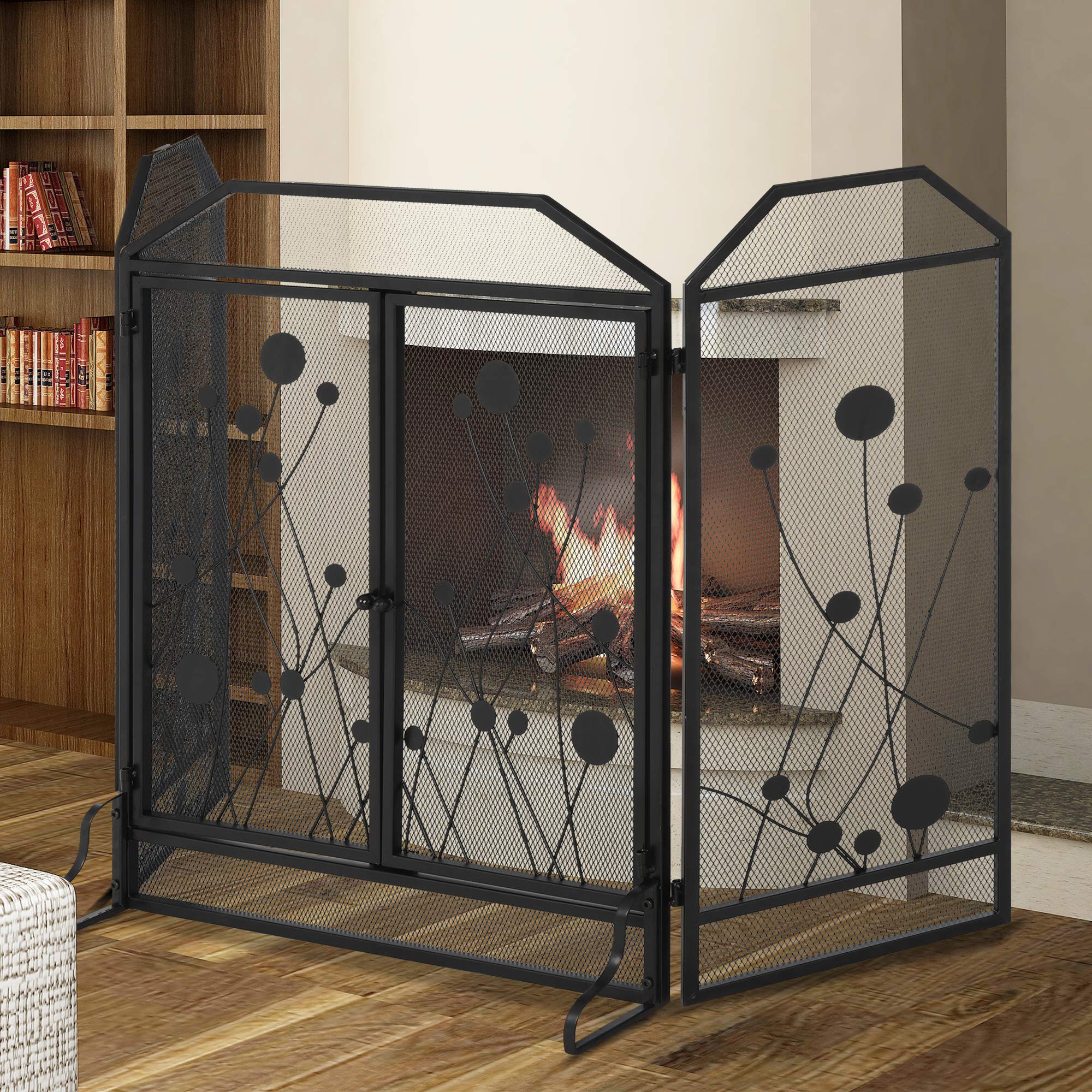 HOMCOM Parascintille Pieghevole per Camino in Acciaio e Metallo Nero con 2 Porte a Chiusura Magnetica, 125x80cm
