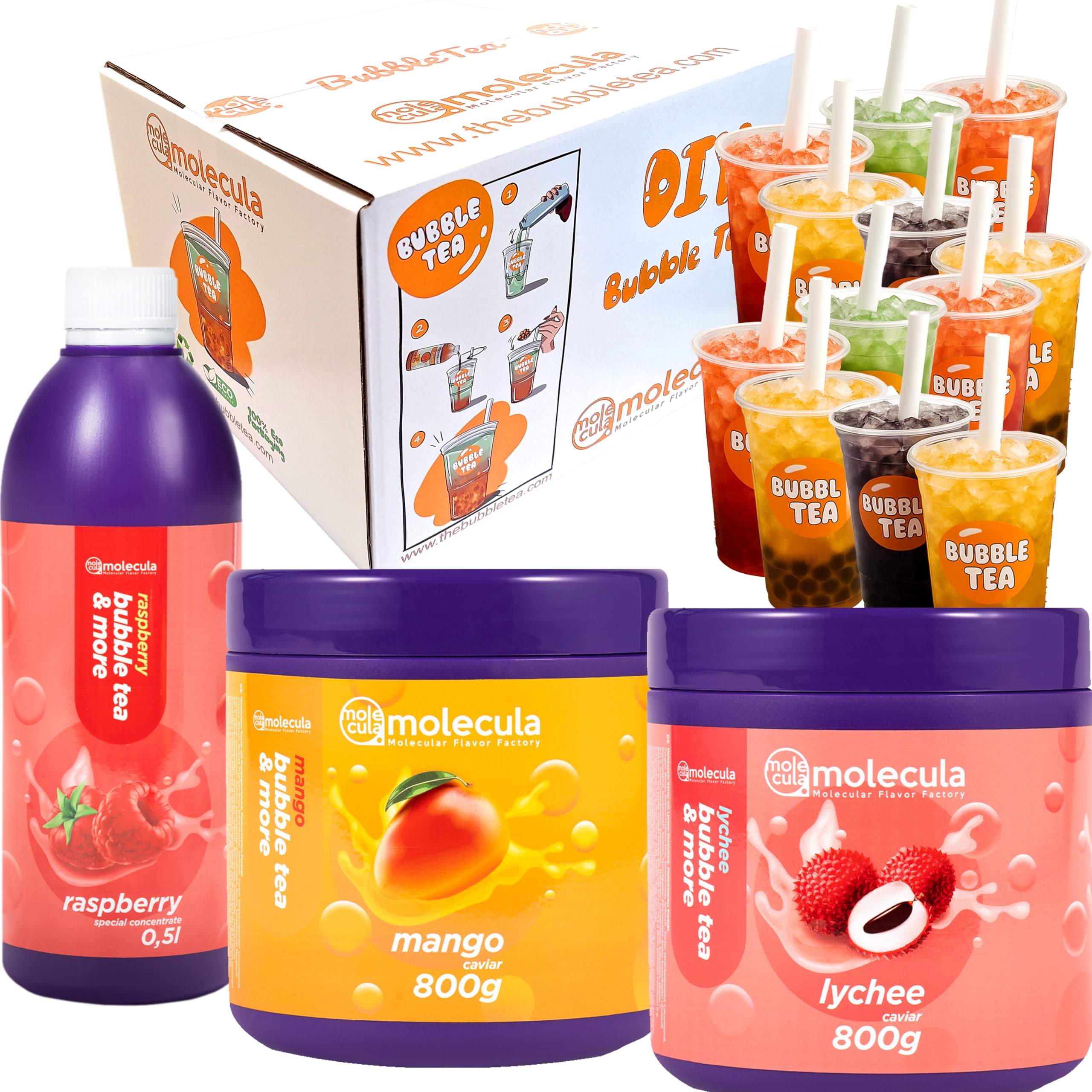 Bubble Tea Perlen Popping Boba | Bubble Tea Kit - 2x Fruchtperlen Litschi und Mango 1x Sirup Himbeere 15x Becher 15x Strohhalme Popping Boba