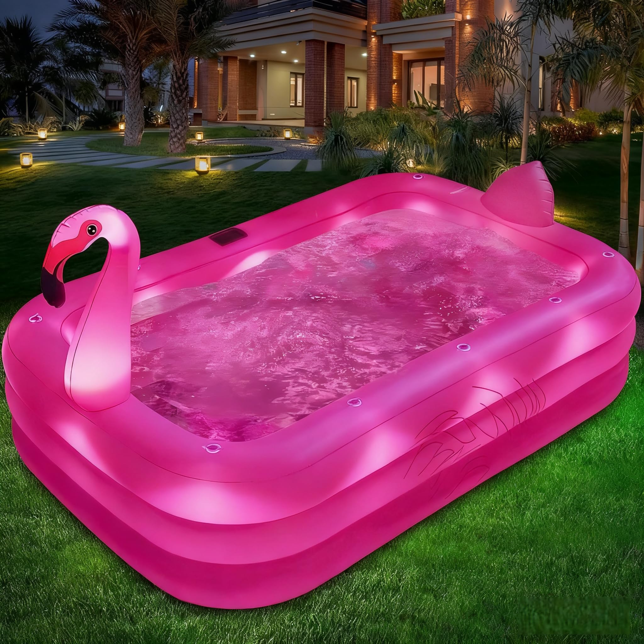 Inflatable Pool with Lights, Solar Flamingo Swimming Pool for Kids,Adults Inflatable Blow up Pool, Large Kiddie Pool,Durable Thickened Kids Pool for Backyard,Outdoor,100"X63"X20"-Bright Pink