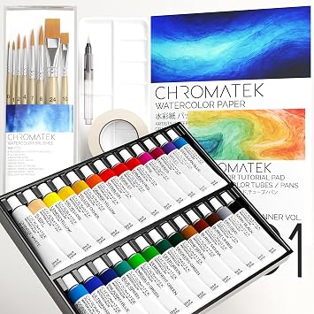 CHROMATEK Watercolor Paint Set with Video Tutorials, 24 Vivid Colors, 18 Page Tutorial Pad and 15 Page Blank Pad, Brushes and Palette. Paint and Progress Fast