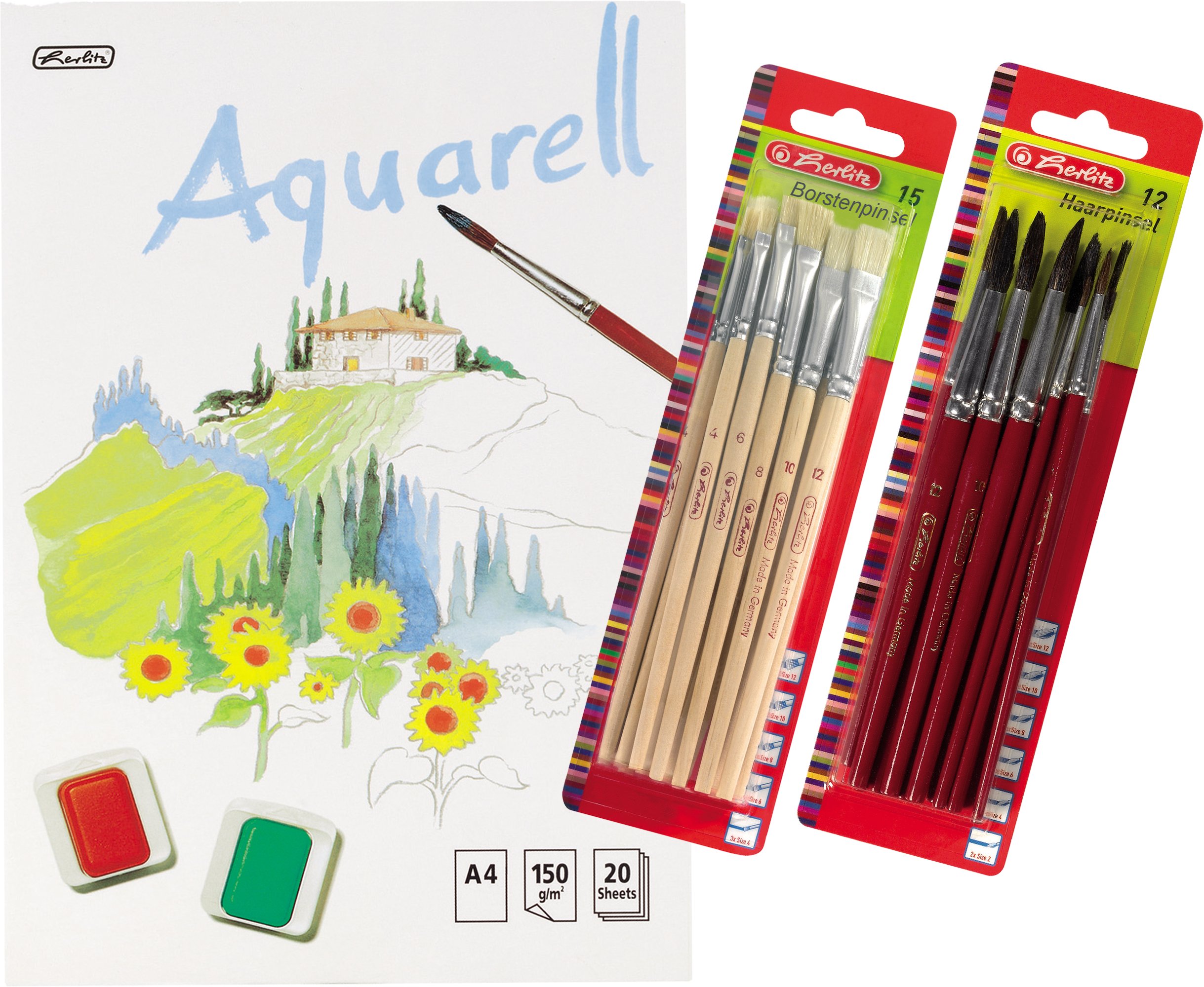 Herlitz 495457 Aquarellpapier, Aquarellkarton, A4, 150 g/qm, 20 Blatt / Kombi-Set (9 Blöcke + 12 Haarpinsel + 15 Borstenpinsel)