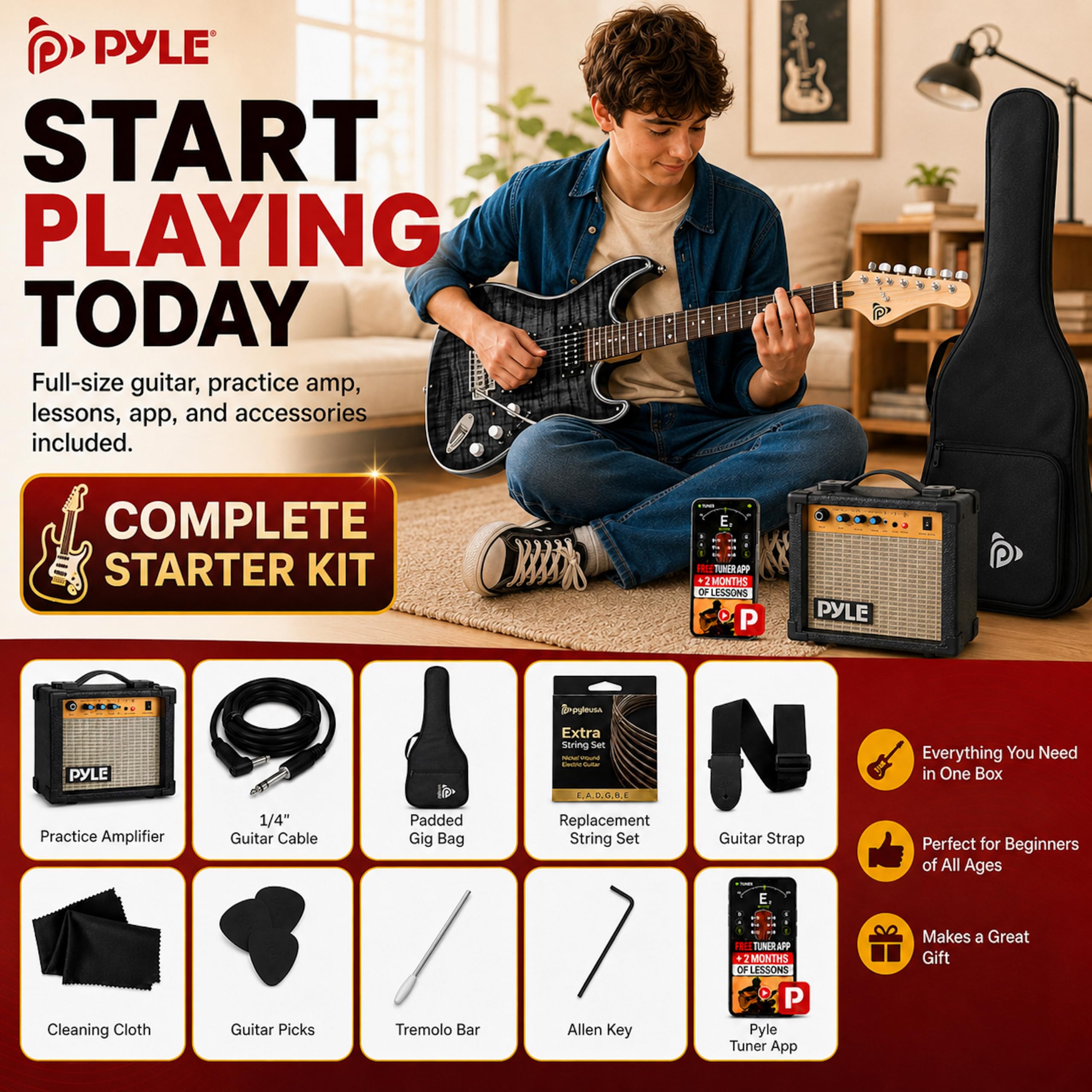 Pyle Kit Guitare Électrique Noir avec Amplificateur pour Débutants, Instrument Standard 39 Pouces avec Micros Humbucker, Set de Démarrage pour Enfants, Jeunes et Adultes