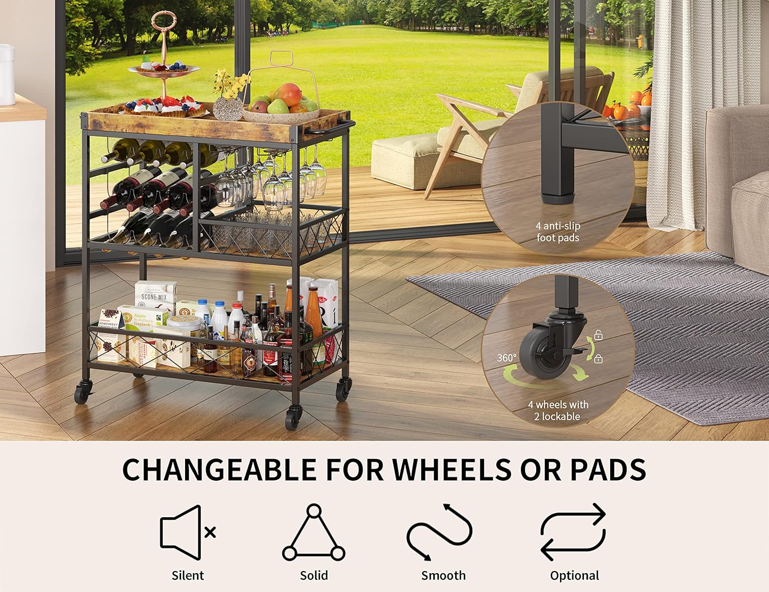 Gizoon 3 Tier 38" Home Bar Serving Cart w/ Large Storage Space, Mobile Kitchen Storage Trolley w/ Wine Rack, Glass Holder, Removable Tray,Lockable Wheels, Footpads, Heavy Duty - Retro - Bar & Serving Carts