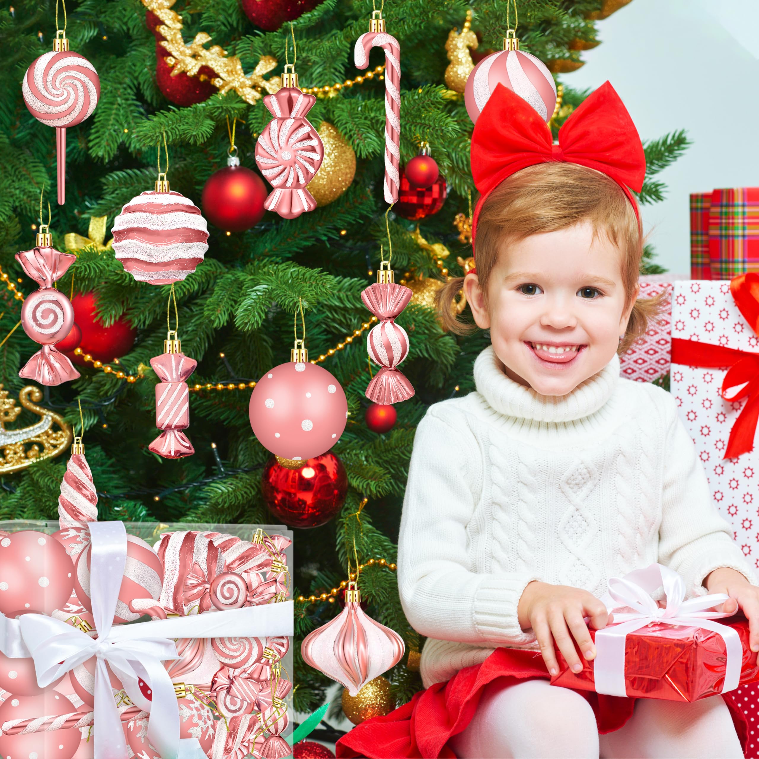Weihnachtsschmuck, Süßigkeiten-Lutscher-Set, 48 Stück, für Weihnachtsbaumdekoration, hängende Kunststoff-glänzende Zuckerstangen, Kugelanhänger für Neujahr, Heimdekoration, Partyzubehör (Roségold)