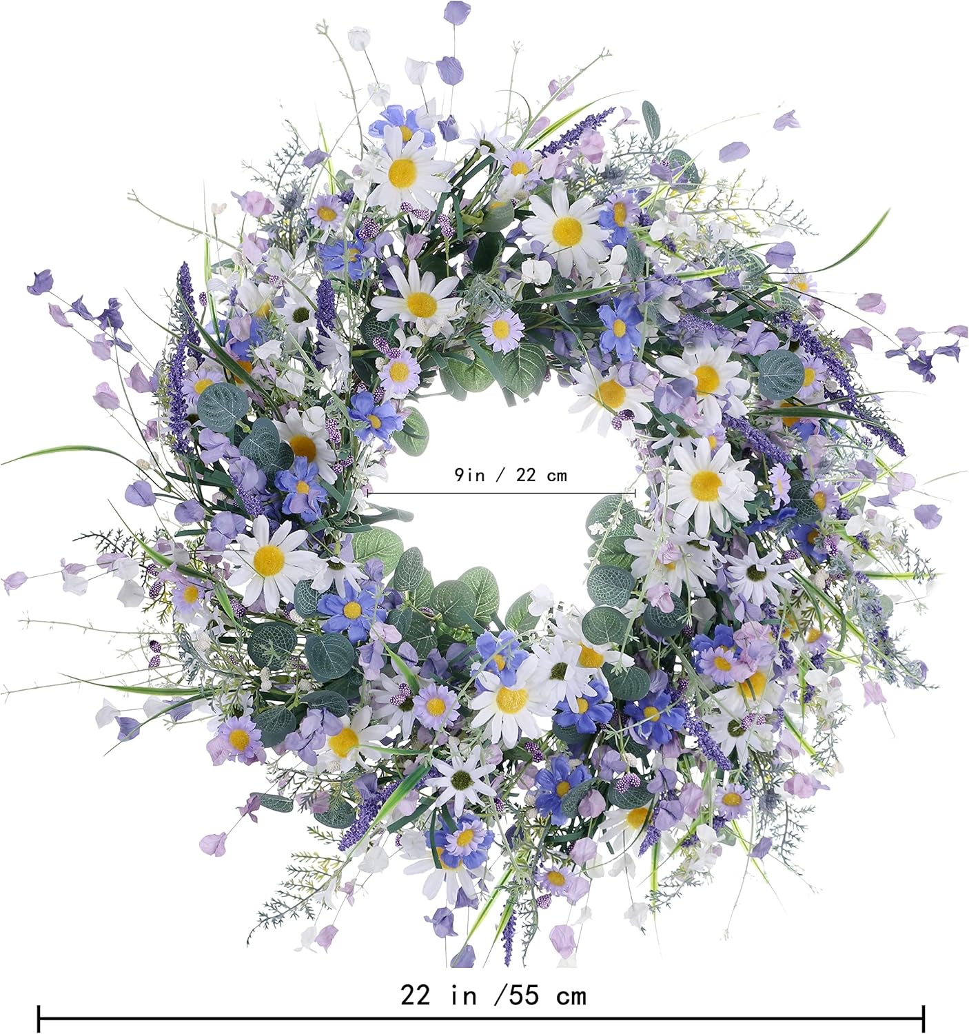 22 Inches Spring Wreaths for Front Door Blue Spring Door Wreath Summer Floral Wreath with Wildflower Lanvender for Wall Porch Indoors Outdoor Window Home Decorations