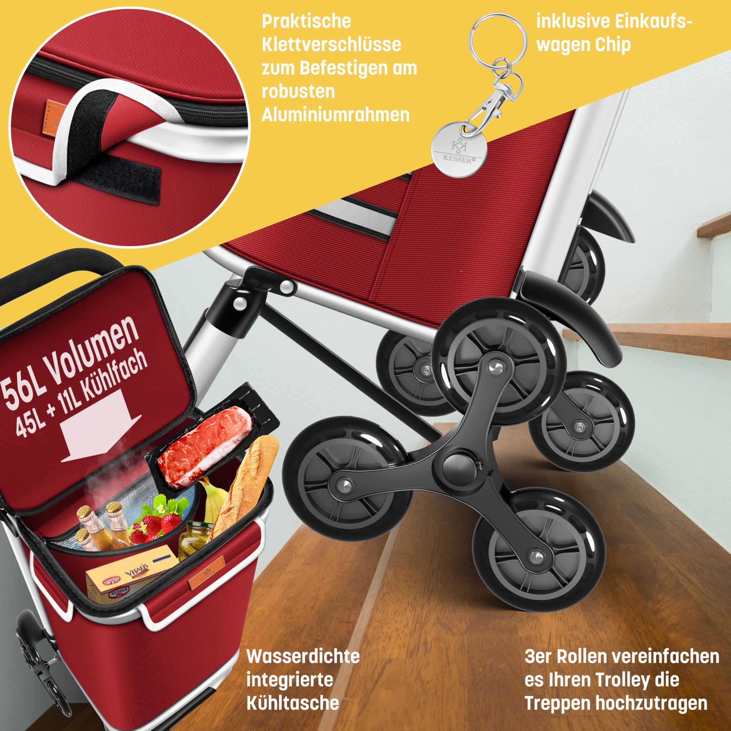 KESSER Chariot à provisions 56 L 50 kg pliable 3 en 1 avec compartiment réfrigérant Bordeaux