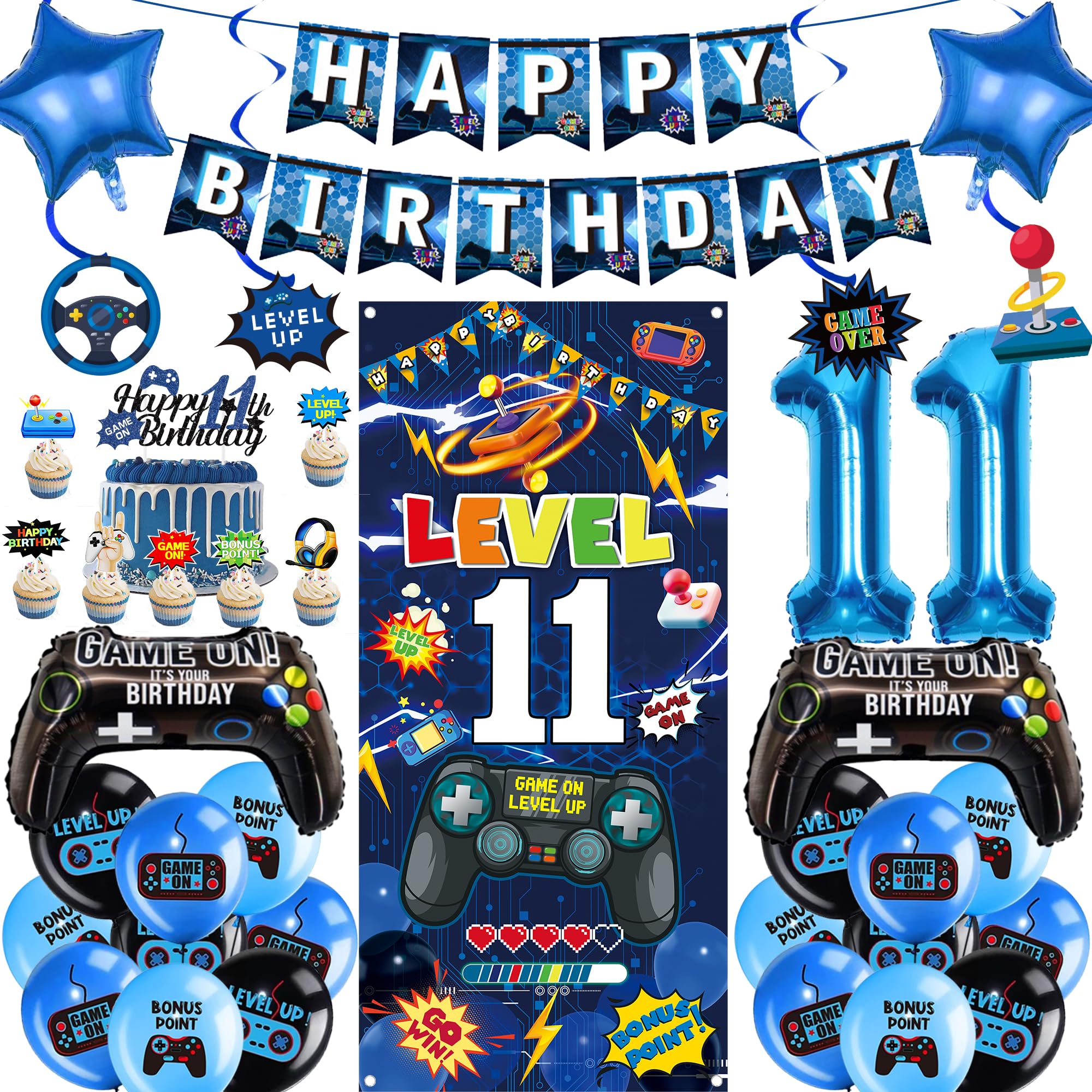 Gaming 11th Birthday Decorations Boys - 41 Pcs Blue Video Game Banners Gaming Controller Foil Balloons Cake Topper Swirl Hangings Backdrop for Kids Boys Girls Game Theme Party Decor Supplies