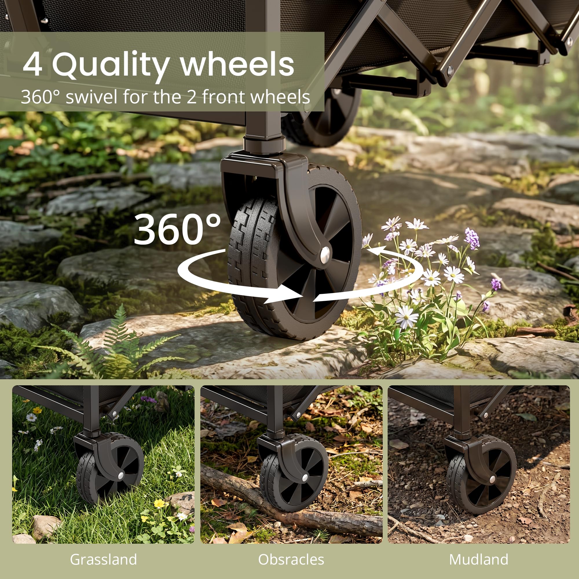 RYGEO Carrello da 100 litri su ruote, carro pieghevole, portatile da campeggio, carrello pieghevole per spiaggia, giardino, picnic, shopping, pesca, manico regolabile, nero