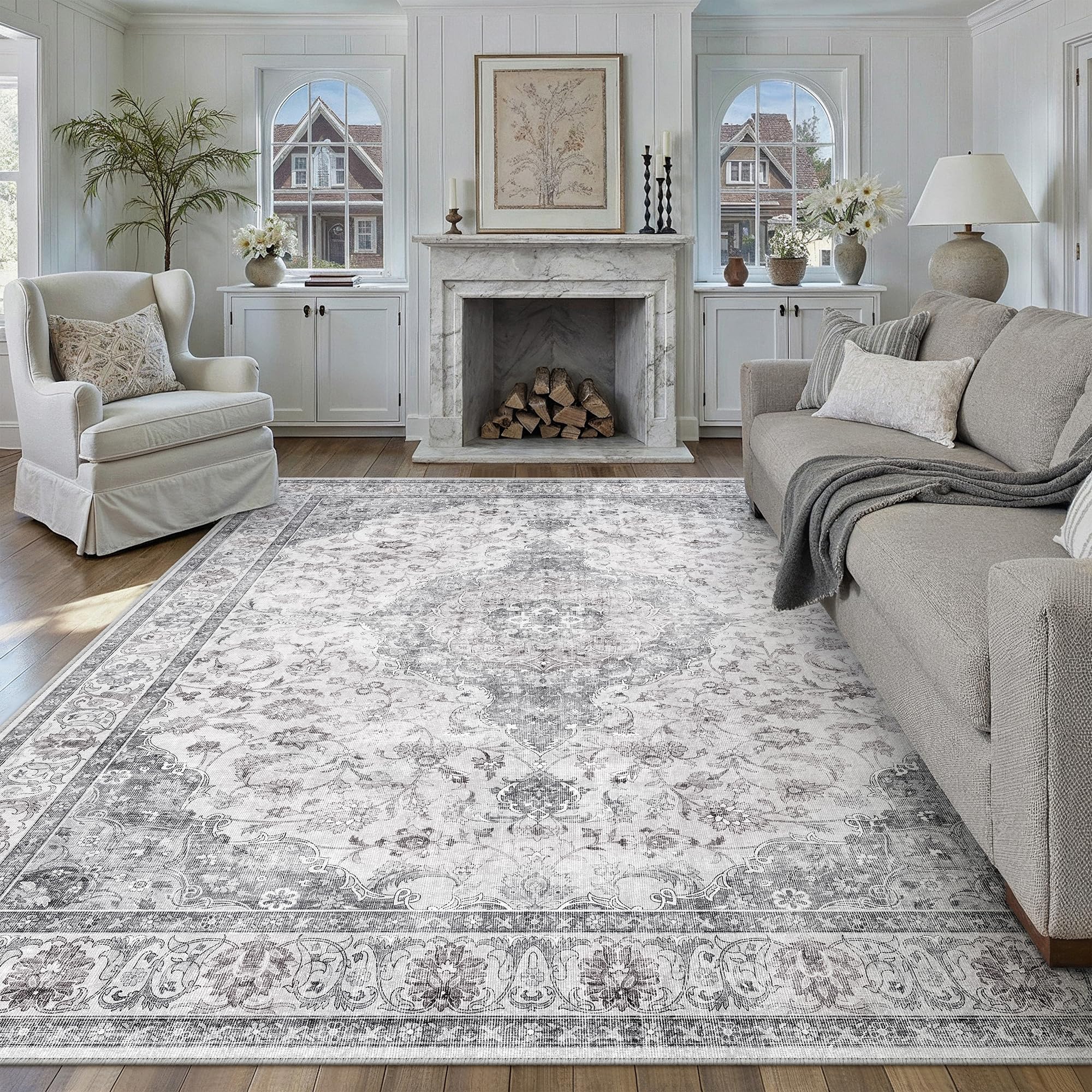PureCozy Gray Rugs Living Room 240x300cm Vintage Machine Washable Non Slip Area Rugs Retro Extra Large Lightweight Carpet for Bedroom Dining Room Hall Lounge Office Indoor Home Decor — image 1