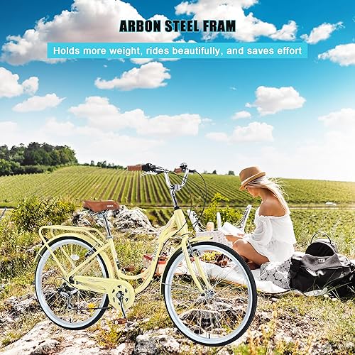 Miniatura 6 de Bicicleta de crucero de playa de 26 pulgadas para mujer, bicicleta para mujer, bicicleta para escuela, picnic al aire libre, marco de acero de alto