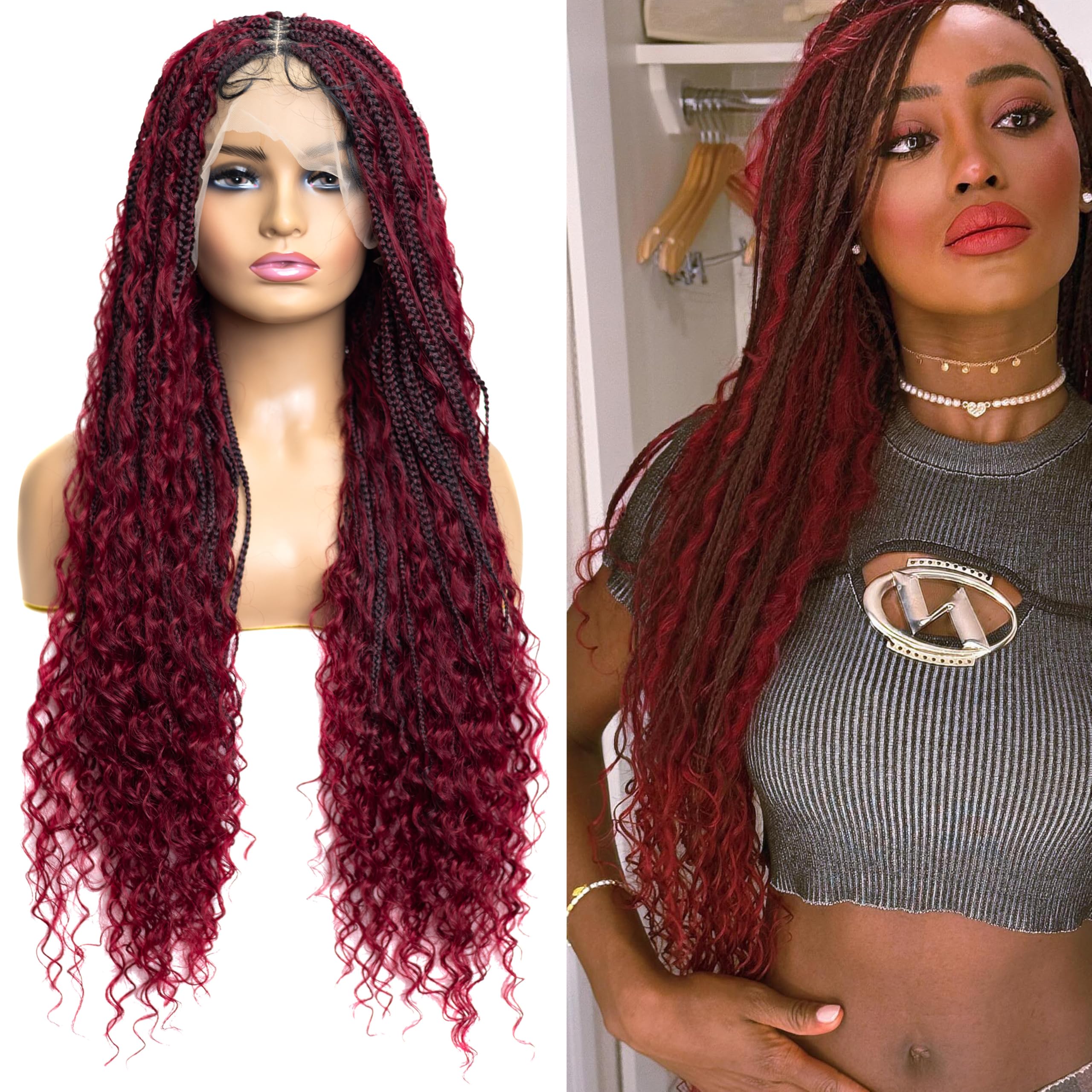 RAHELMO Micro Boho Box Braided Wig - Synthetic Knotless Braided Wigs for Black Women - Full Lace 360 Wig with Natural Baby Hair (#1B118 Off Black and