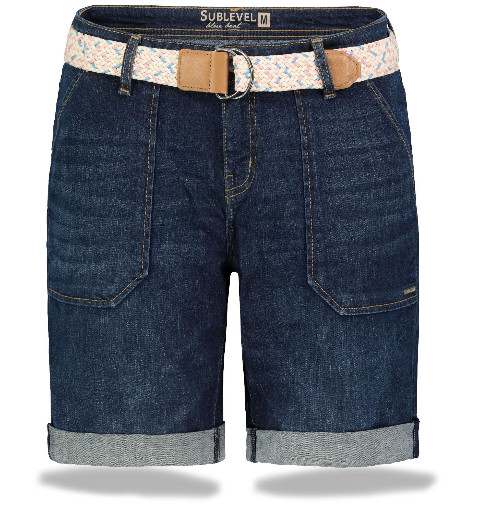 Sublevel Damen Jeans Shorts Denim Bermuda Chino Stretch mit Flechtgürtel Bequeme Kurze Sommer Hose