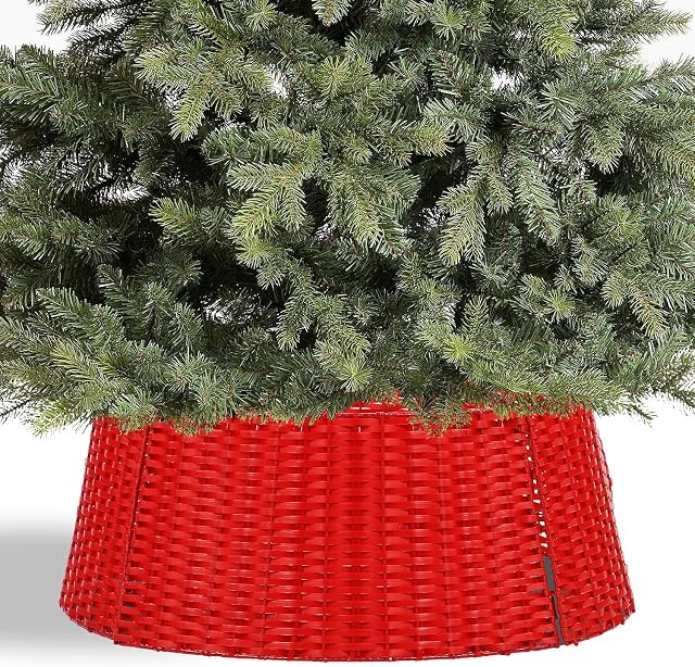 Taylor & Brown Large 60cm Wicker Christmas Tree Skirt Festive Xmas Stand Cover Traditional Decoration Rattan Basket Cover Tidy Decor (Red)