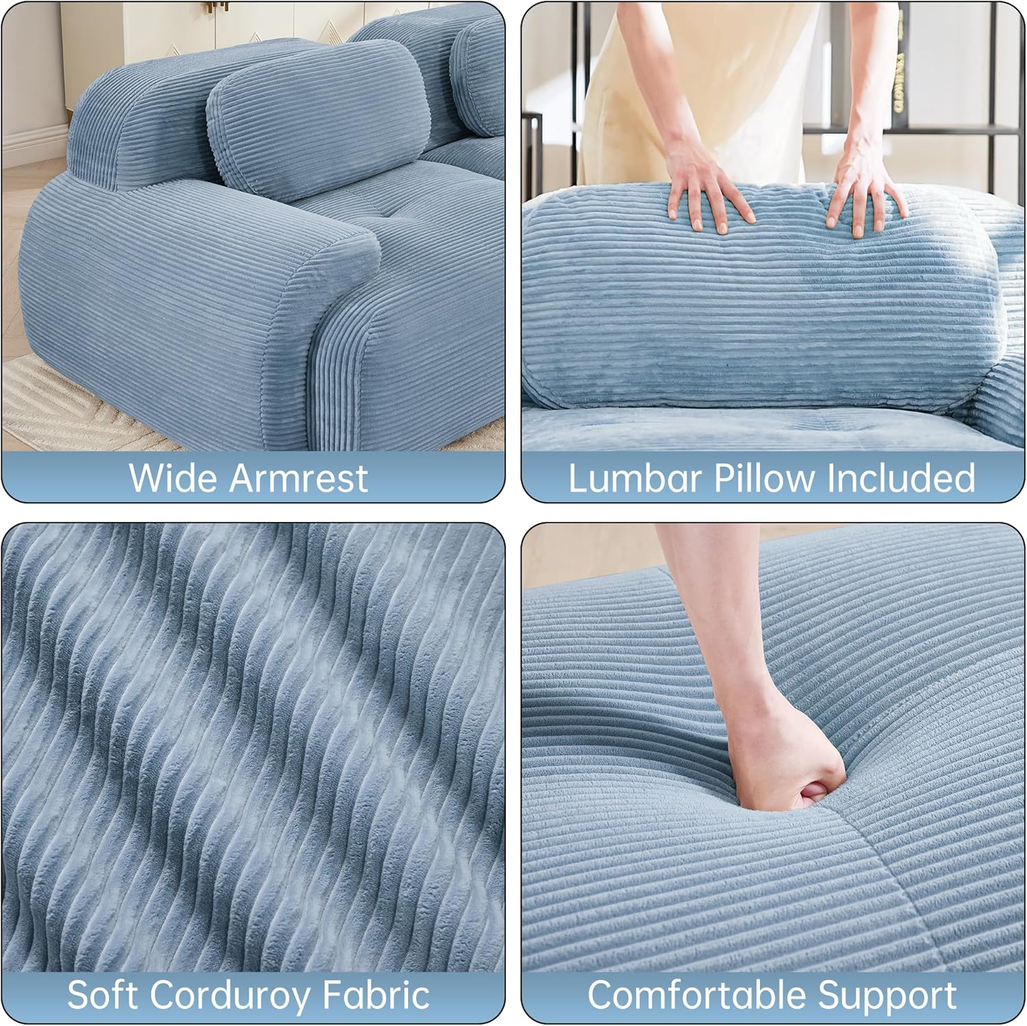 Cloud Sectional Couch Boneless L Shaped Couch, 81.8'' Modular Sectional Sofa with Ottoman, Modular Loveseat Sofa, 2 Seater Corduroy Deep Seat Couches for Living Room, No Assembly Couches, Blue