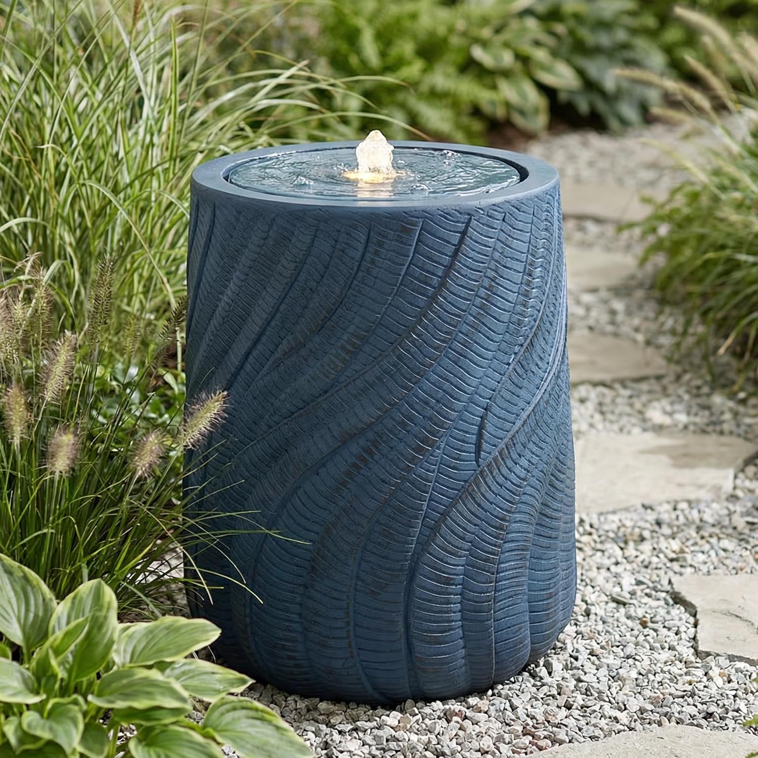 Sunnydaze Outdoor Water Fountain with LED Light - Textured Spiral Bubbler Water Feature with Pump - 22" H - for Patio, Garden, Deck, Relaxation and Stress Relief - Blue