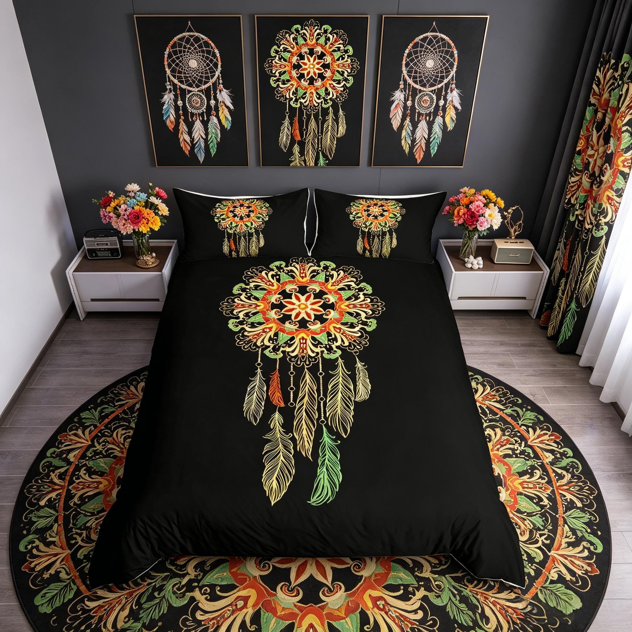 Homemissing Girls Multicoloured 13 Dreamcatcher Bedding Set For Boys Boho Dream Catcher Comforter Cover Indian Feather Duvet Cover Tribal Elements Dark Bedding & Linen King Bedding 3Pcs
