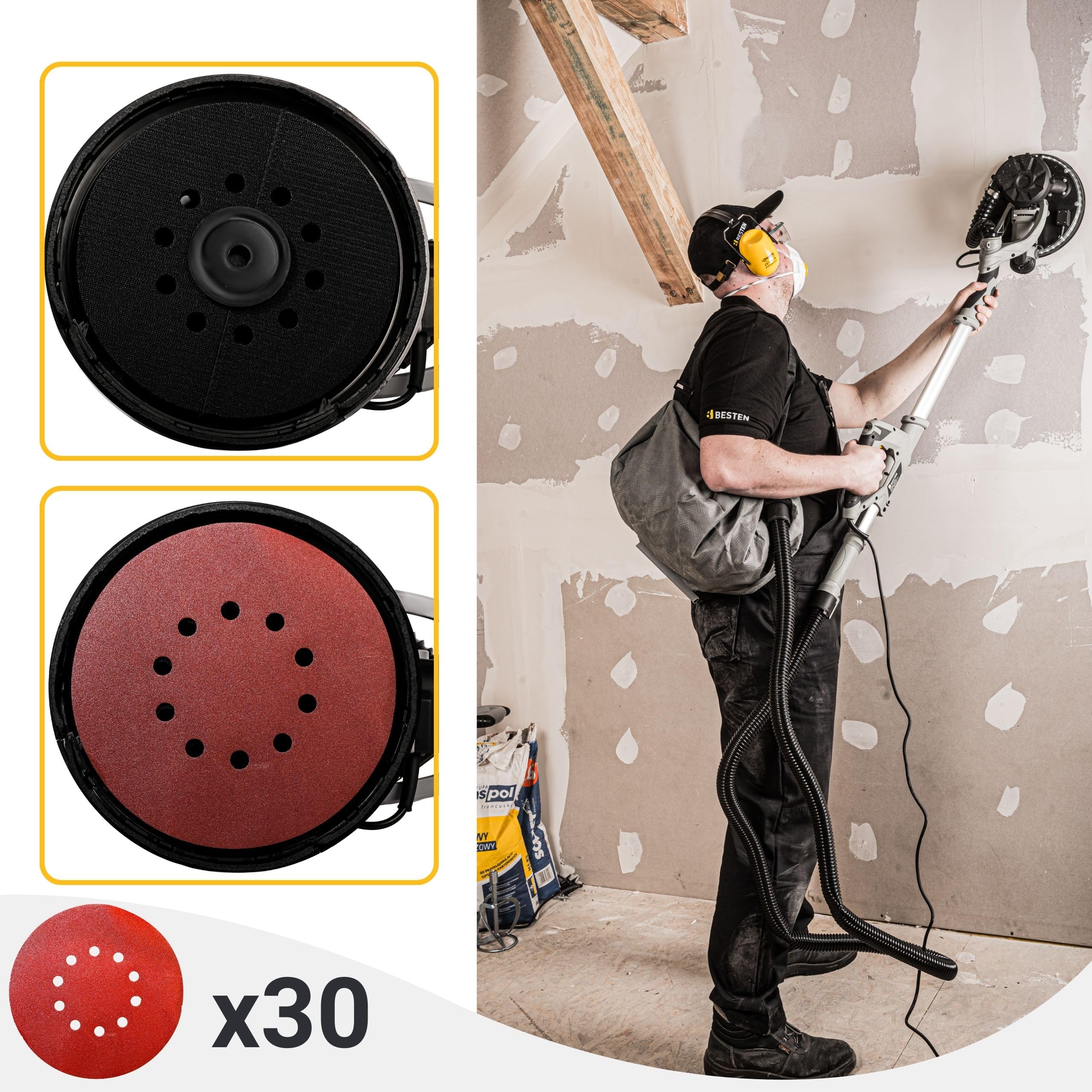Szlifierka żyrafa do gipsu i gładzi 225 mm, 900 W, LED 360°, teleskop 150–220 cm, odsysanie pyłu z regulacją ssania, 30 papierów, torba BESTEN