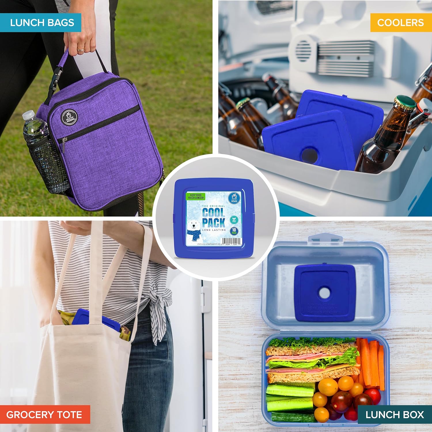Healthy Packers® Reusable Ice Packs for Lunch Boxes Kids and Adults | Long‑Lasting Thin Freezer Packs for Coolers, Bento Boxes, Lunch Bags, Travel, School Meals, Meal Prep (10-Pack | Square)