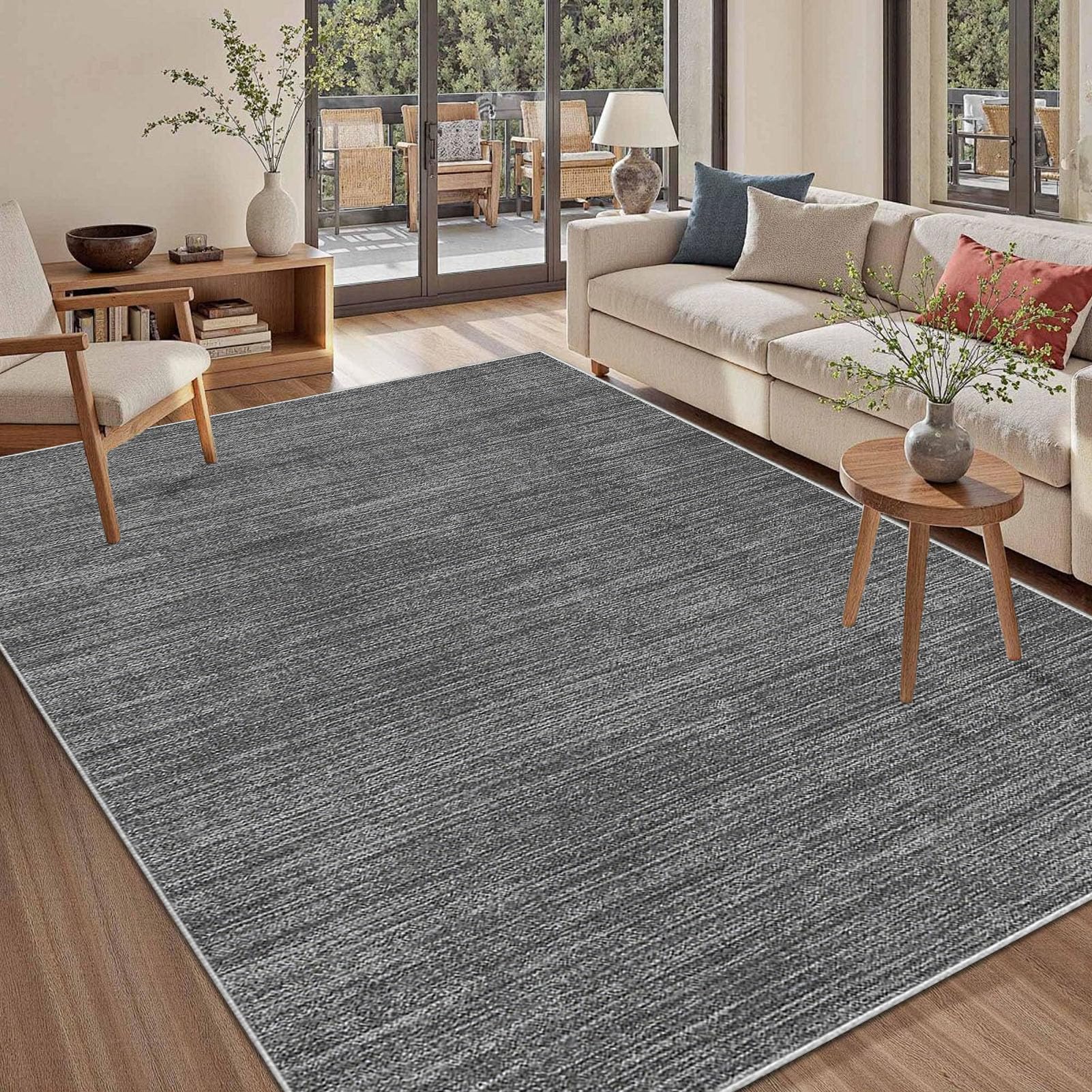 Tapis de salon antidérapant et lavable 150x180 cm à poil ras gris