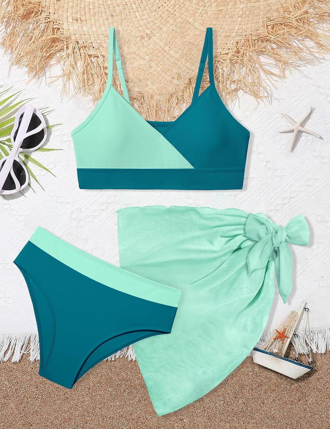 Girls Swimsuit V Neck Bikini Set Color Block with Cover Up 3Pcs Bathing Suits - Image 5