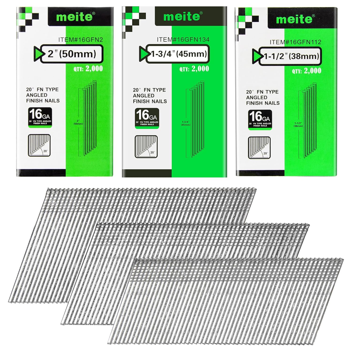 meite 16 Gauge 20 Degree Angled Finish Nails Set 2 & 1-3/4 & 1-1/4 Inch Galvanized Finishing Nails for Finish Nailer Cabinet Crown Baseboard