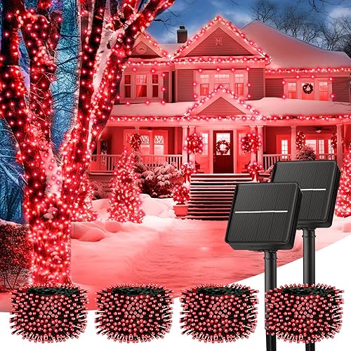 Miniatura 7 de Minetom Luces de Cadena Solares para Exteriores, 40 pies 100 Luces LED de Cadena Alimentadas por Energía Solar con 8 Modos de Iluminación, Luces Rojo
