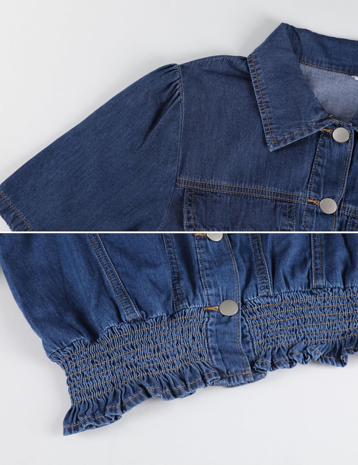 Omoone Women's Short Sleeve Denim Shirt Peplum Ruffle Hem Denim Crop Top Jackets Cowgirl Outfits - Image 7