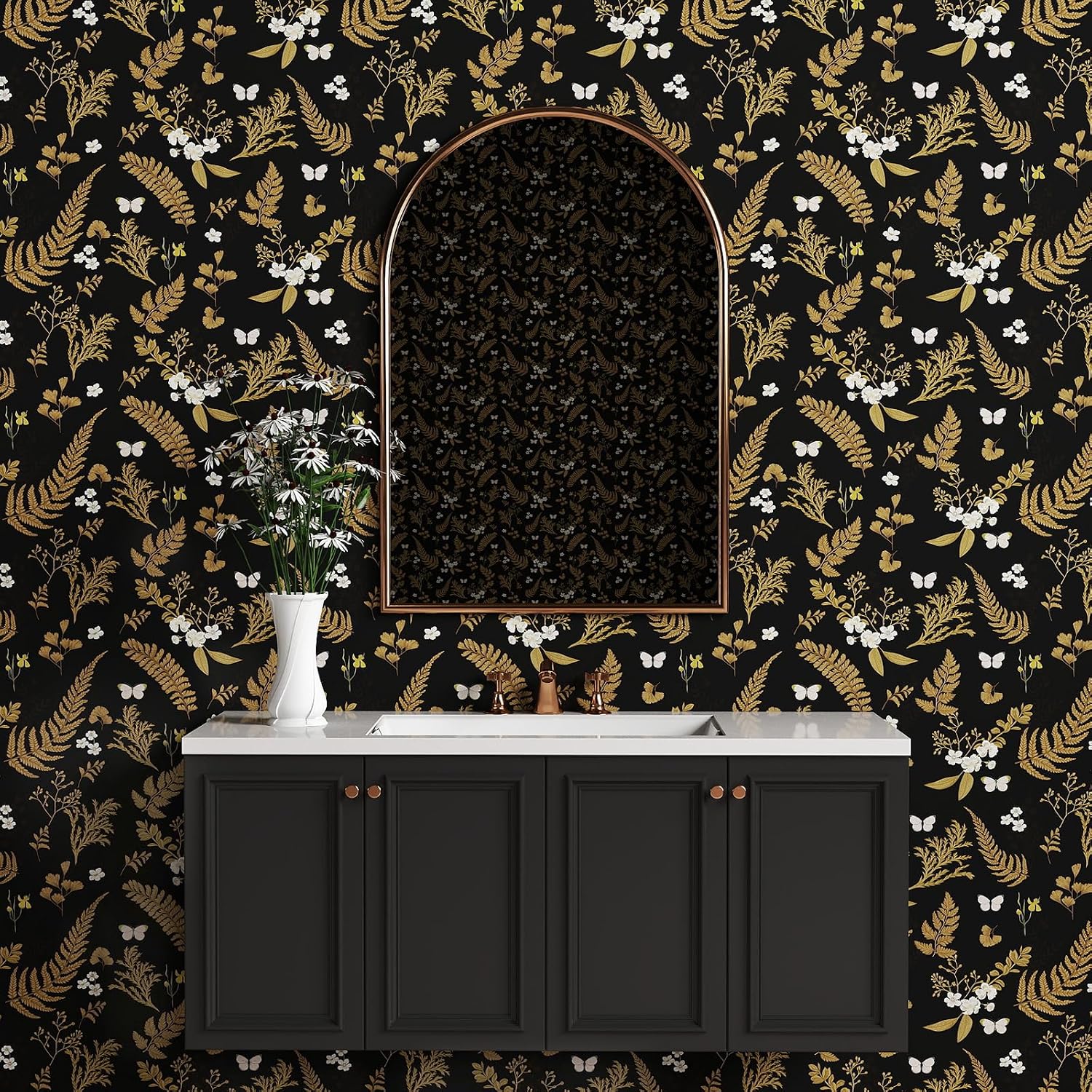 Timeet Vintage Wallpaper Peel and Stick Black Floral Wallpaper Gold Leaf Contact Paper 17.3" x 400" Waterproof Removable Self Adhesive Boho Botanical Wall Paper for Bedroom Shelf Cabinet Decor Vinyl