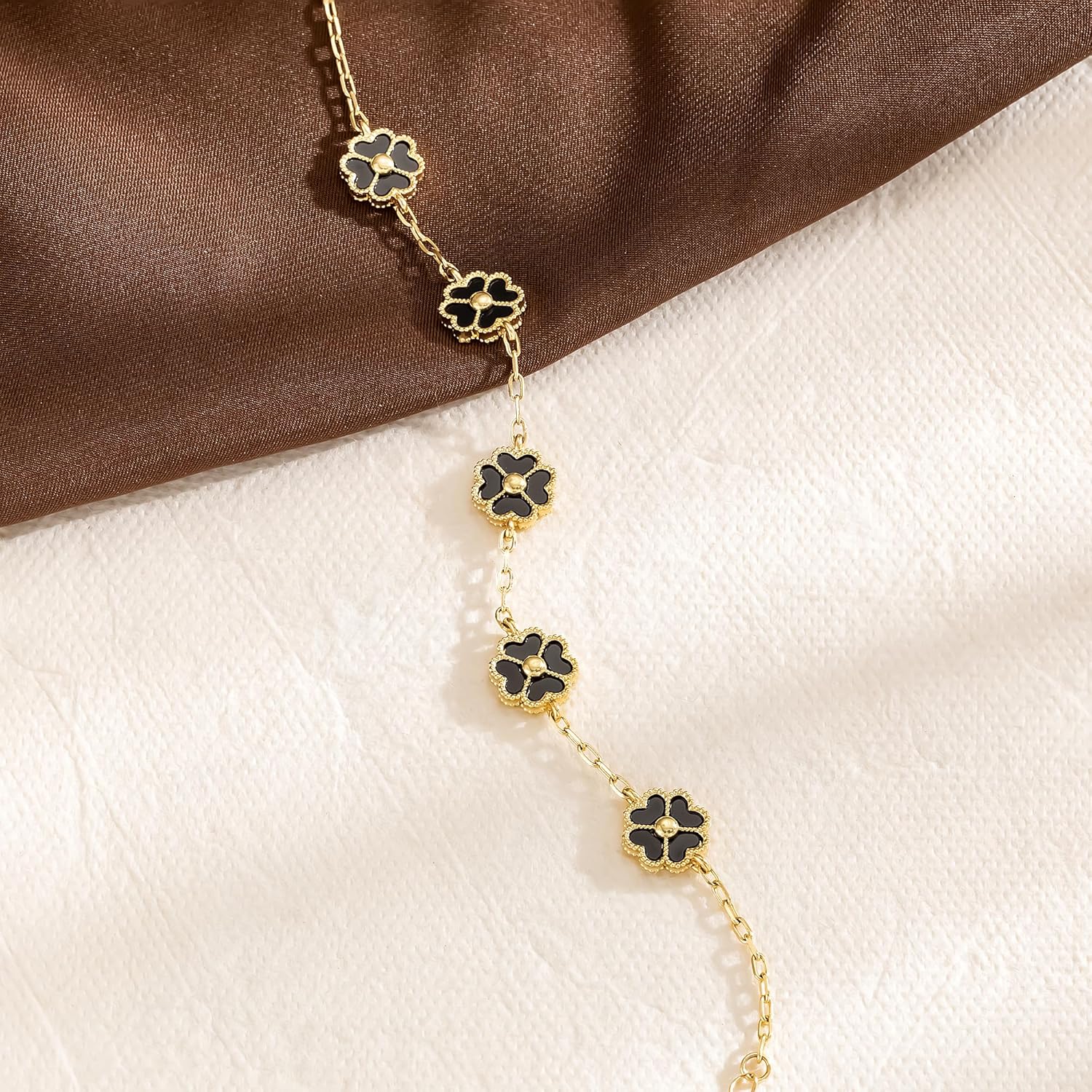 NECOCY Clover Bracelet for Women, Trendy 18K Gold Plated Four Leaf Lucky Flower Bracelets Set Adjustable Dainty Simple White/Black/Pink/Blue Floral Jewelry Gifts for Women Valentine Birthay Daily - Image 5