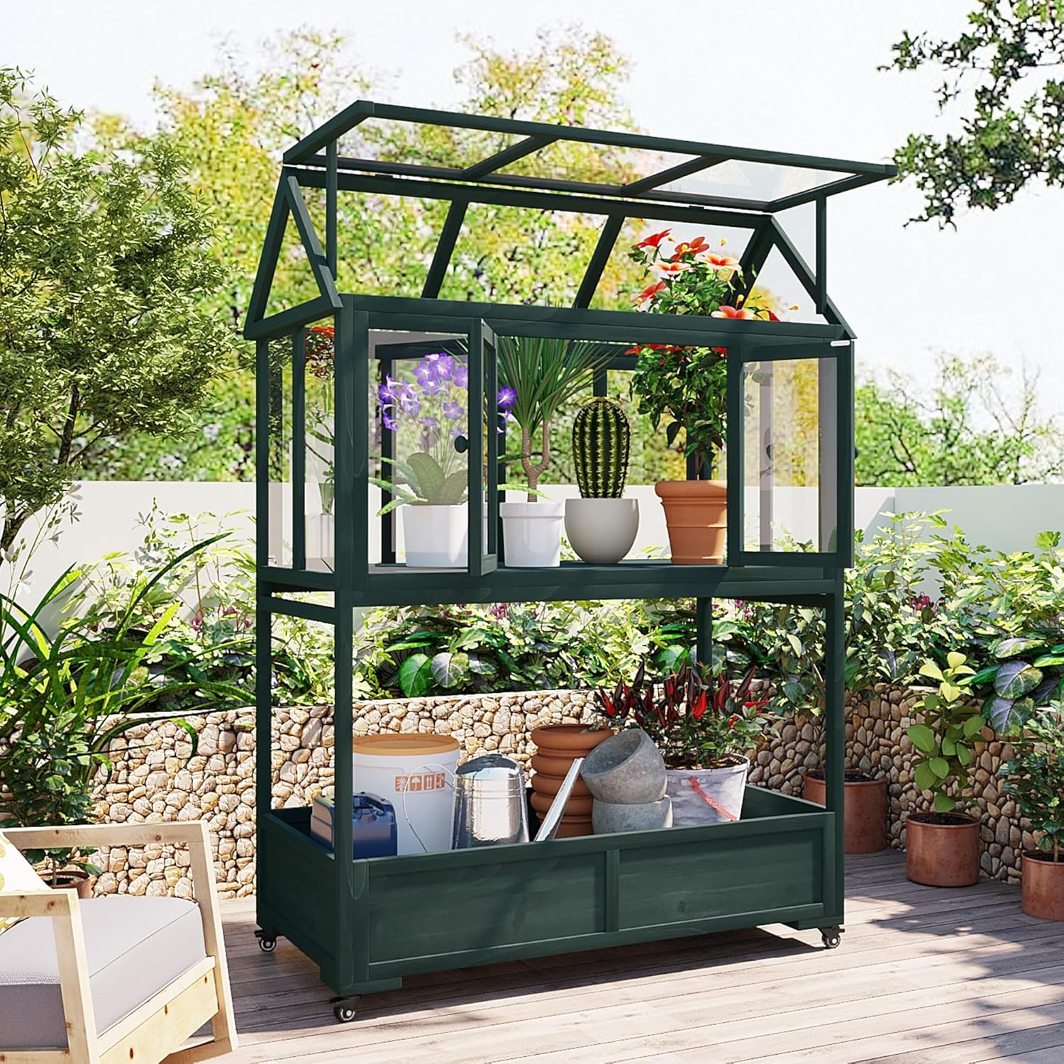 Garden Wood Portable Cold Frame with Movable Wheels Mini Greenhouse with Openable Roof and Storage Box(Green)