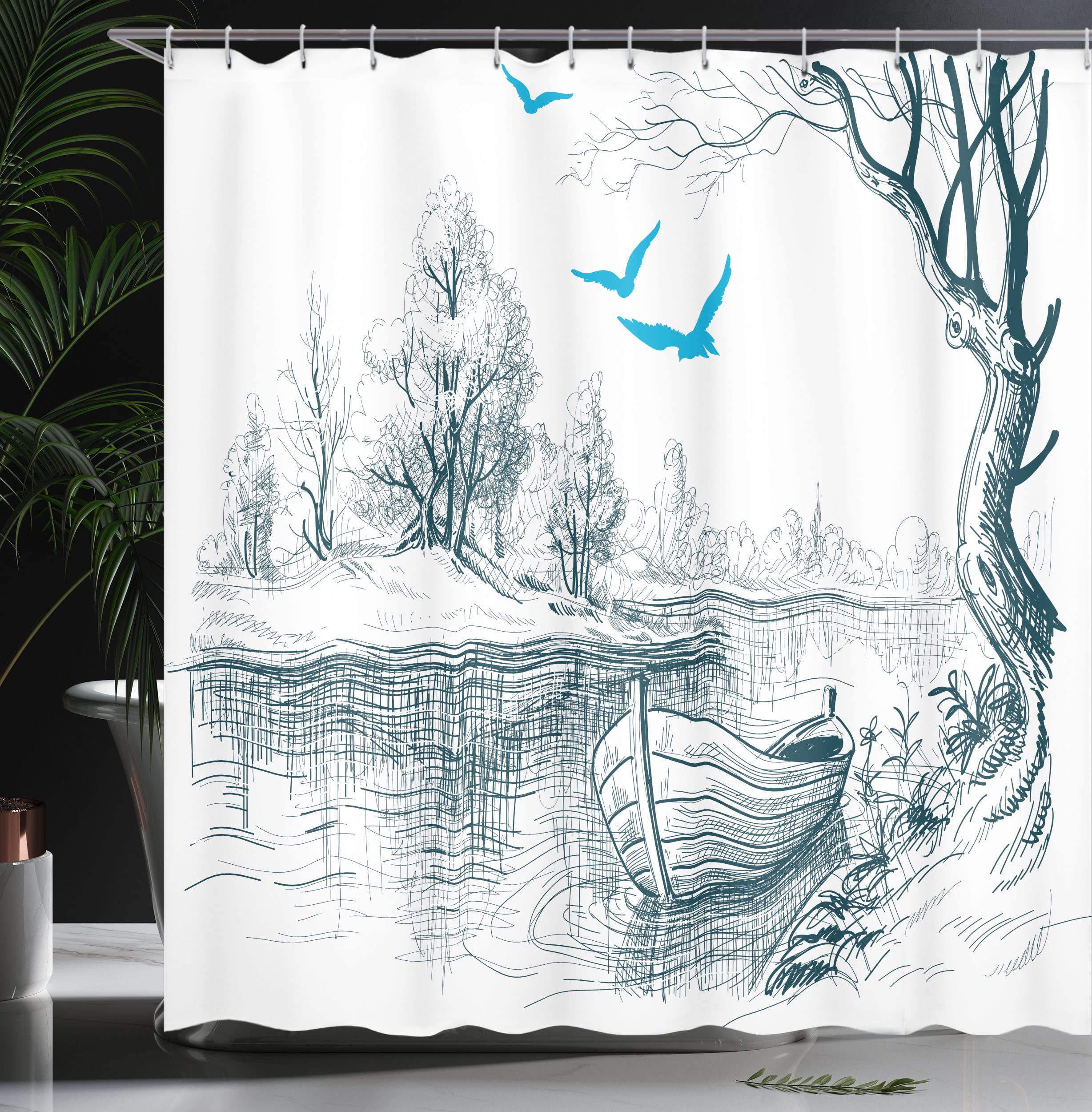 ABAKUHAUS Landscape Shower Curtain, Boat on Calm River Trees Birds Twigs Sketch Drawing Clipart Water Minimalist - Image 3