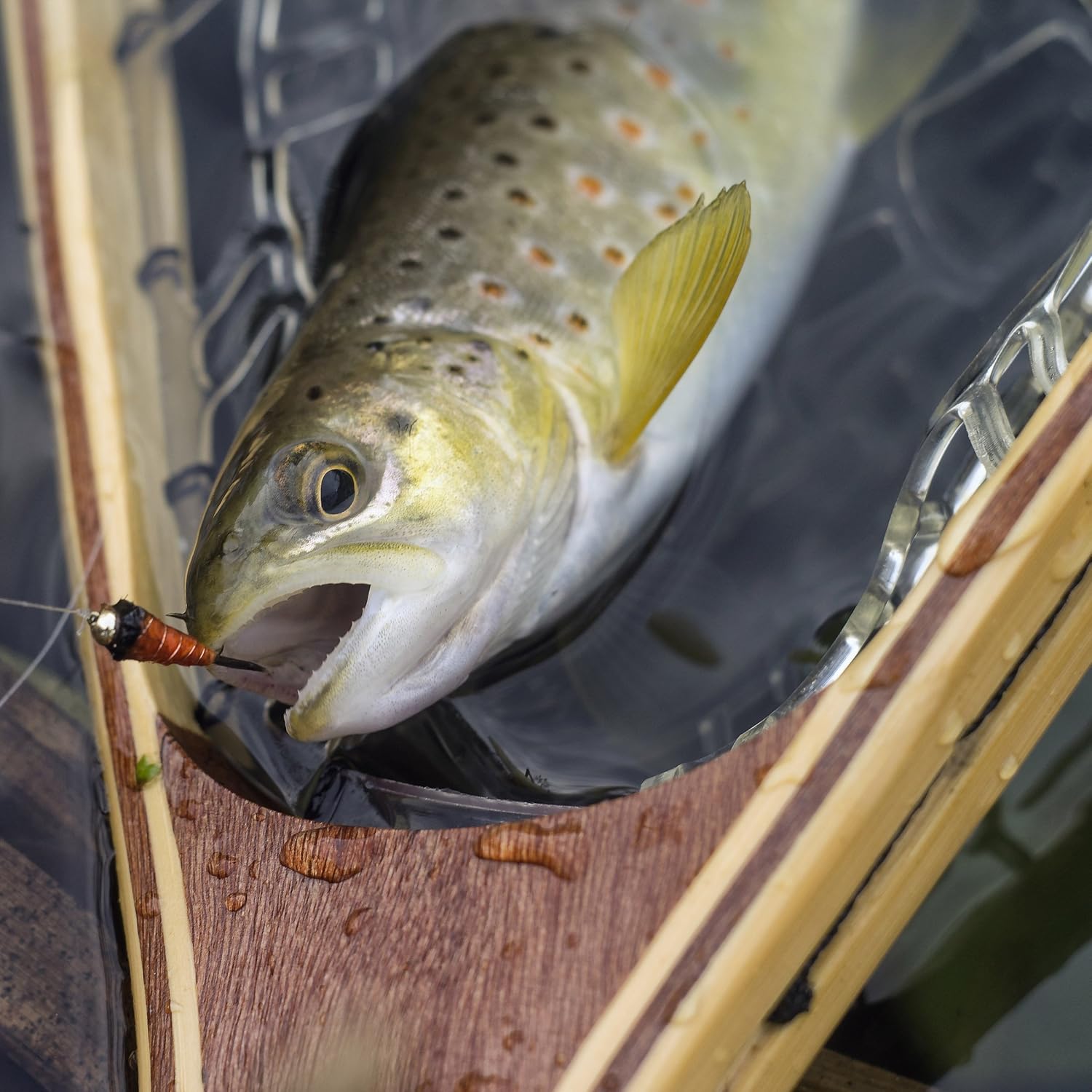 Fly Fishing Net with Handle - Soft Mesh Catch and Release Rubber Fly Fish Net with Lightweight Wood Frame and Safety Lanyard - Landing Bass and Trout Fishing Gear by Wakeman Outdoors